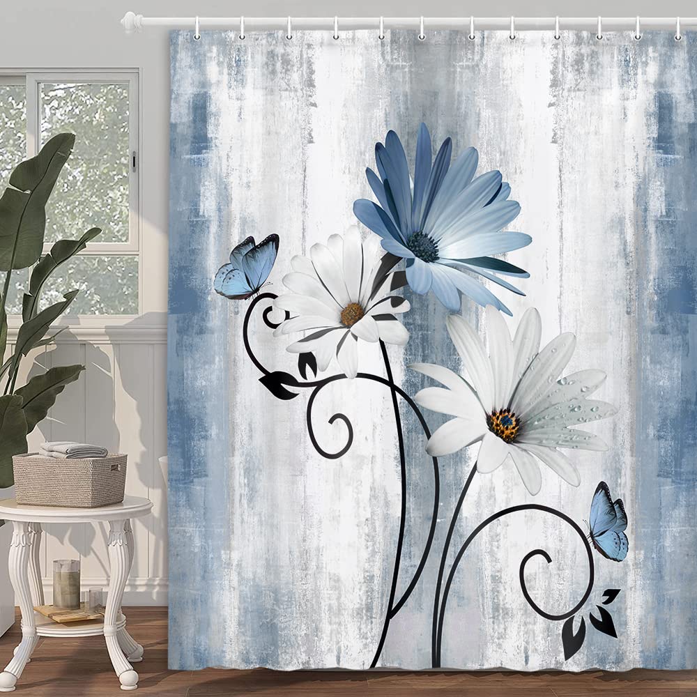 VeiVian Rustic Farmhouse Shower Curtain  Farm Blue Daisy Floral Flowers and Butterfly on Country Wooden Shower Curtain for Bathroom with 12PCS Hooks  70X70IN  Turquoise Blue