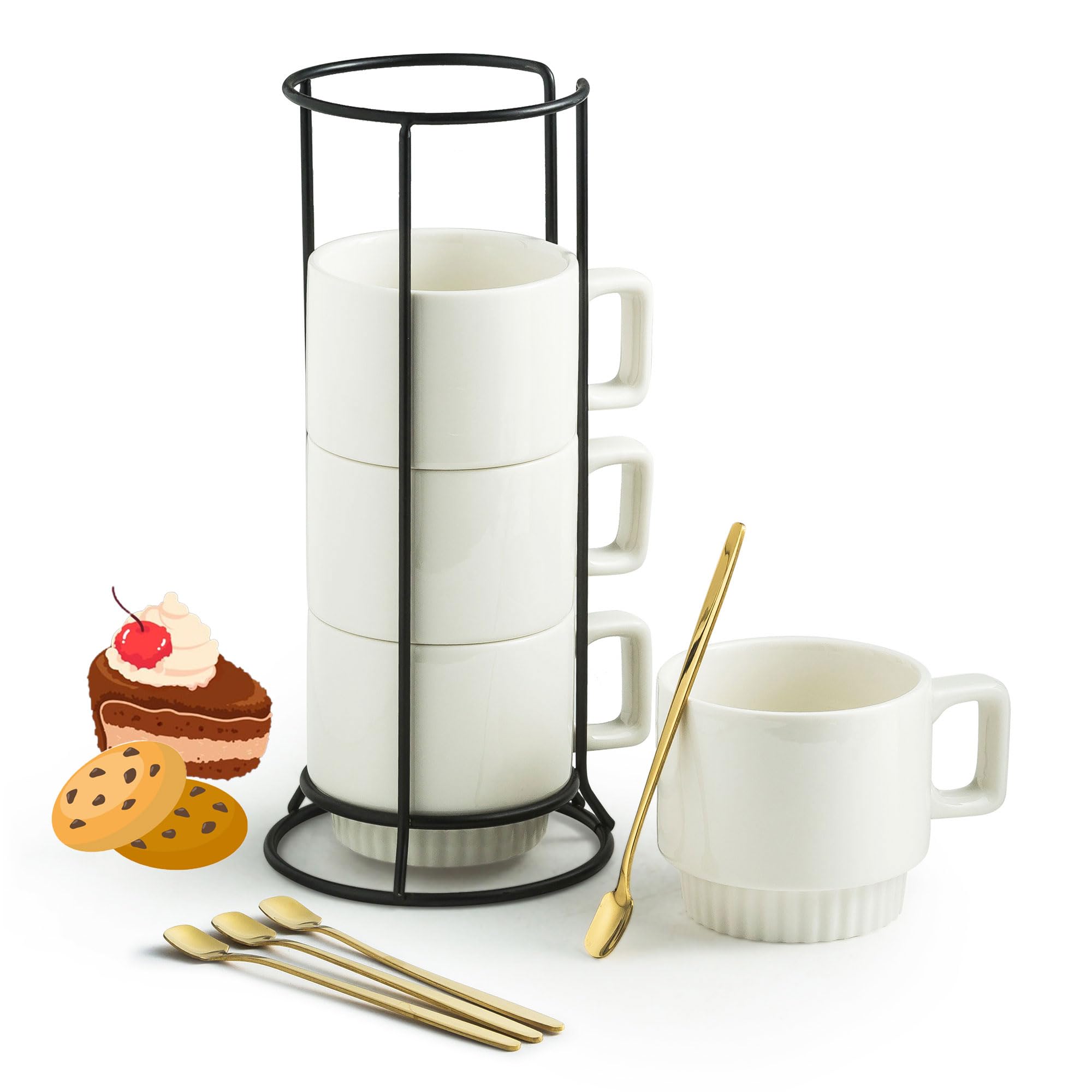 Miamolo Coffee Mugs Set Of 4, Stackable Coffee Cups With Holder Spoons 11Oz Ceramic Espresso Cup For Cappuccino Latte Tea Drinks