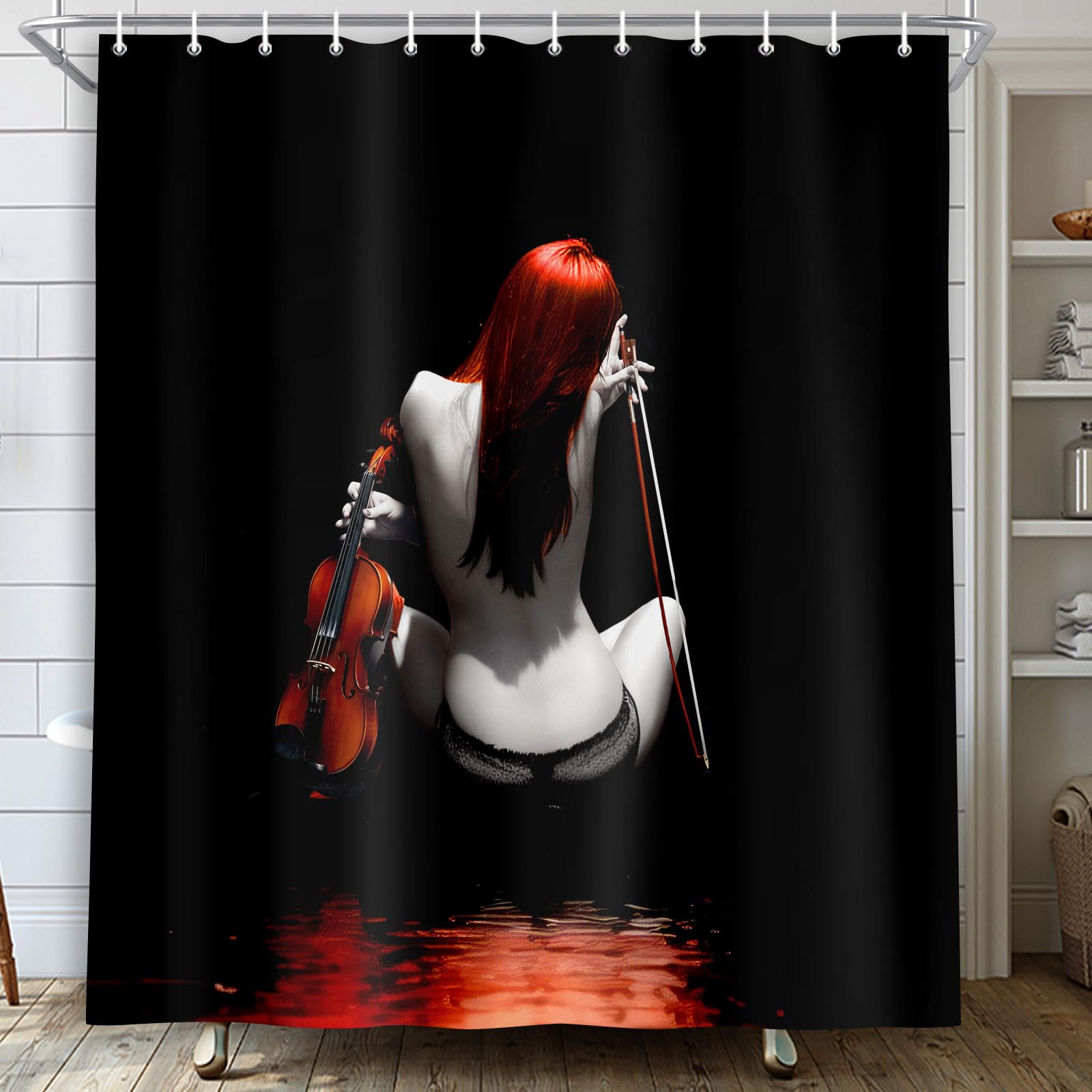 Fashion Sexy Woman Shower Curtains For Bathroom, Pretty Naked Tattoo Girl With Violin In Black Fabric Shower Curtain, Modern Bod