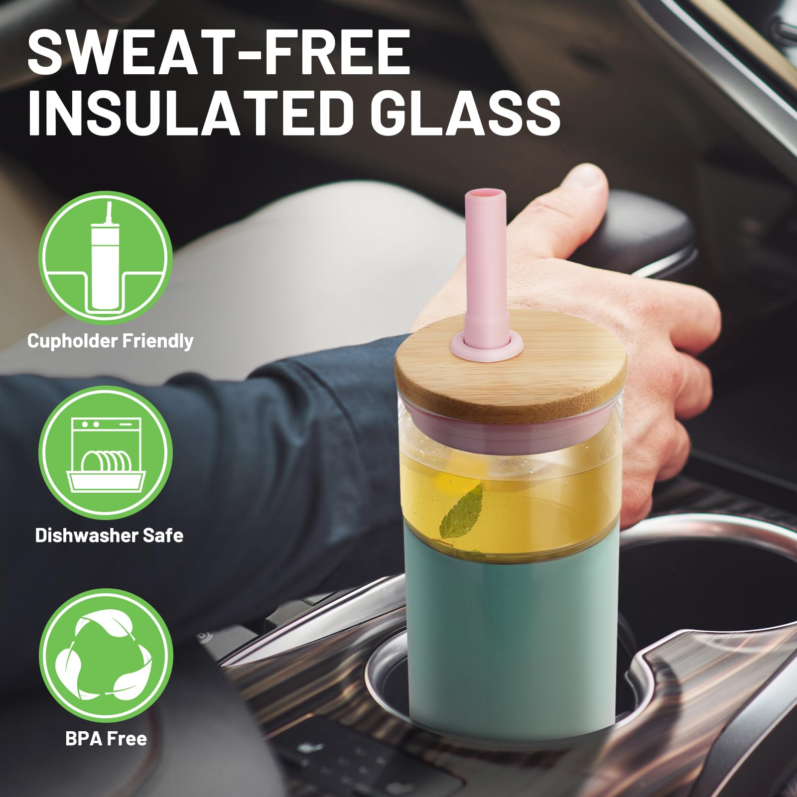 Tronco 20 Oz Double Walled Insulated Glass Tumbler With Straw And Lid, Vacuum Stainless Steel Outer, Reusable Insulated Iced Cof