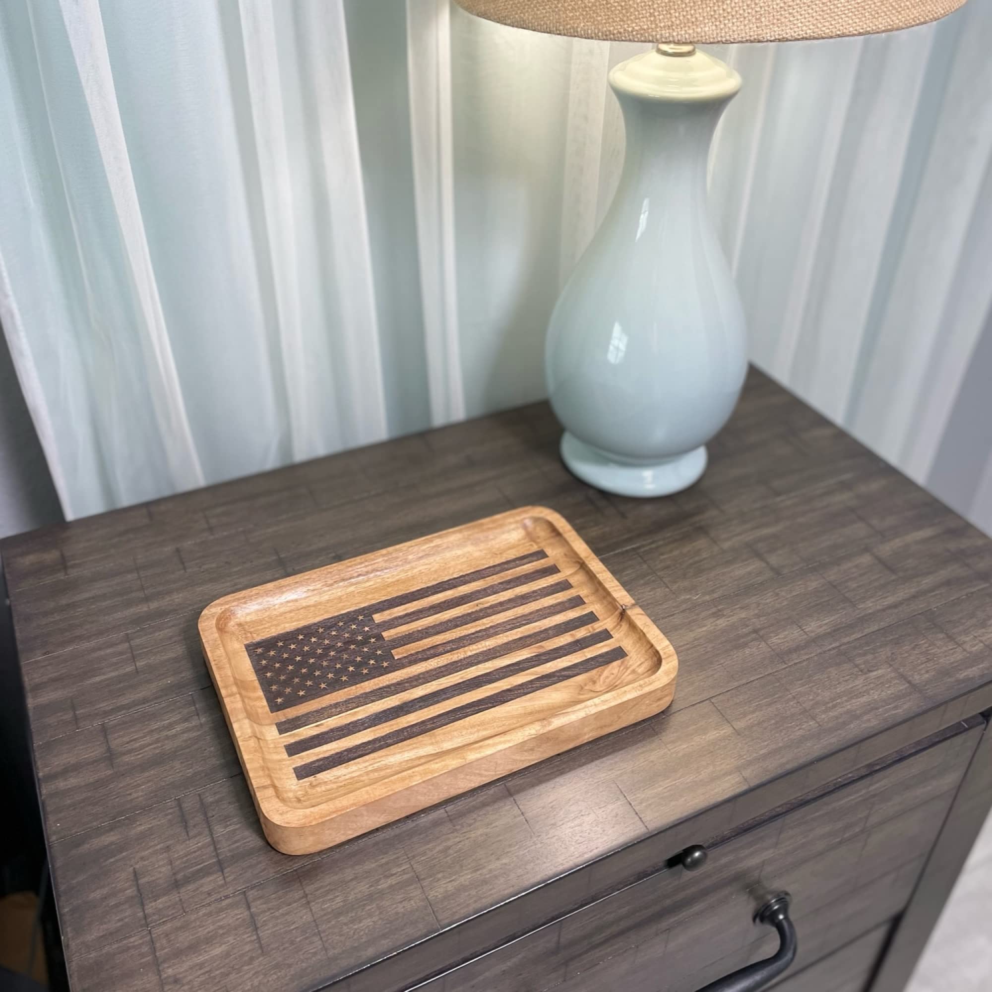 Guard The Line American Flag Valet Tray - Acacia Wood Catch All, EDC Tray - Every Day Carry Bedside Holder, Dump Tray EDC Organi