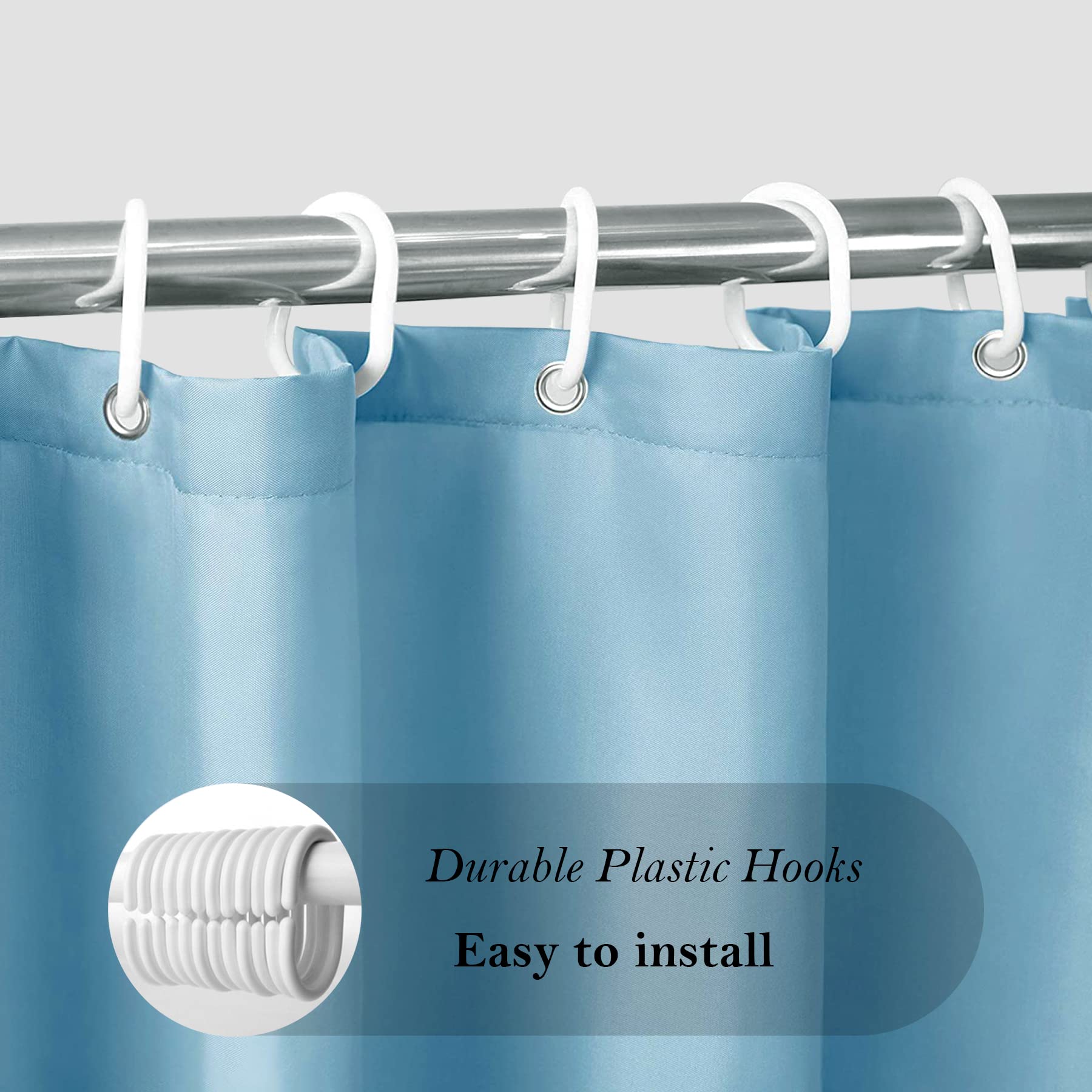 Aoohome Extra Long Shower Liner, Fabric Bathroom Curtain With Hooks For Hotel, Weigthed Hem, Waterproof, 72 X 84 Inch, Blue