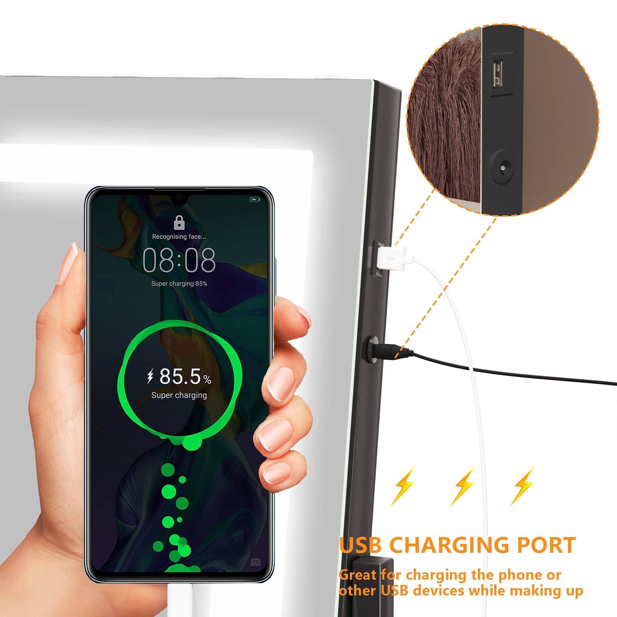 Hasipu Vanity Mirror With Lights, 24.2 '' X 19.7 '' Led Makeup Mirror, Light Up Mirror With 10X Magnification And Usb, Phone Hol