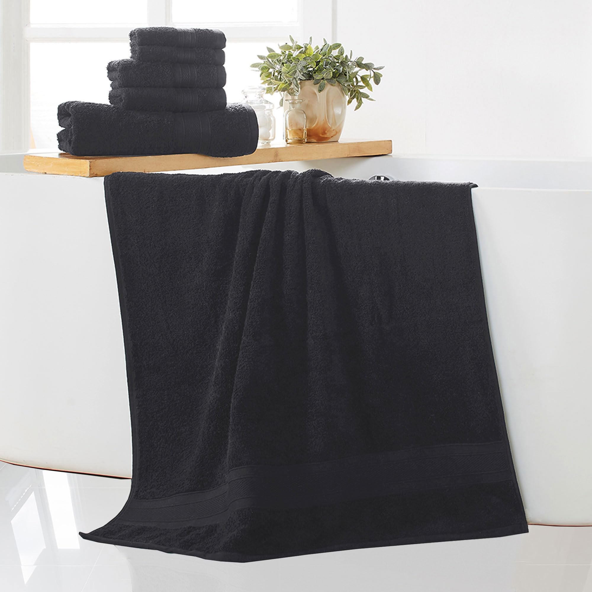 Trident Black Towel Set, 2 Black Bath Towels, 2 Black Hand Towels, 2 Black Washcloth, Soft Absorbent Fast Dry Bathroom Towels, 1
