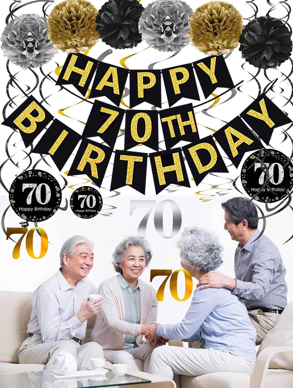Famoby Black & Gold Glittery Happy 70Th Birthday Banner,Poms,Sparkling 70 Hanging Swirls Kit For 70Th Birthday Party 70Th Annive