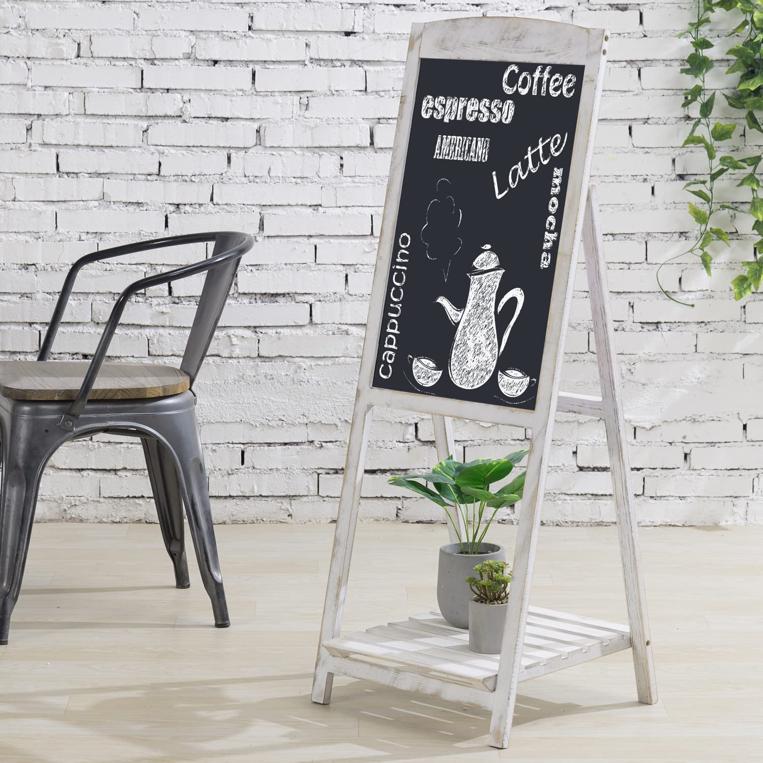 MyGift 45 Inch Tall Vintage White Weathered Paulownia Wood Sidewalk Chalkboard Sign with Plant Shelf Stand, Freestanding A-Frame