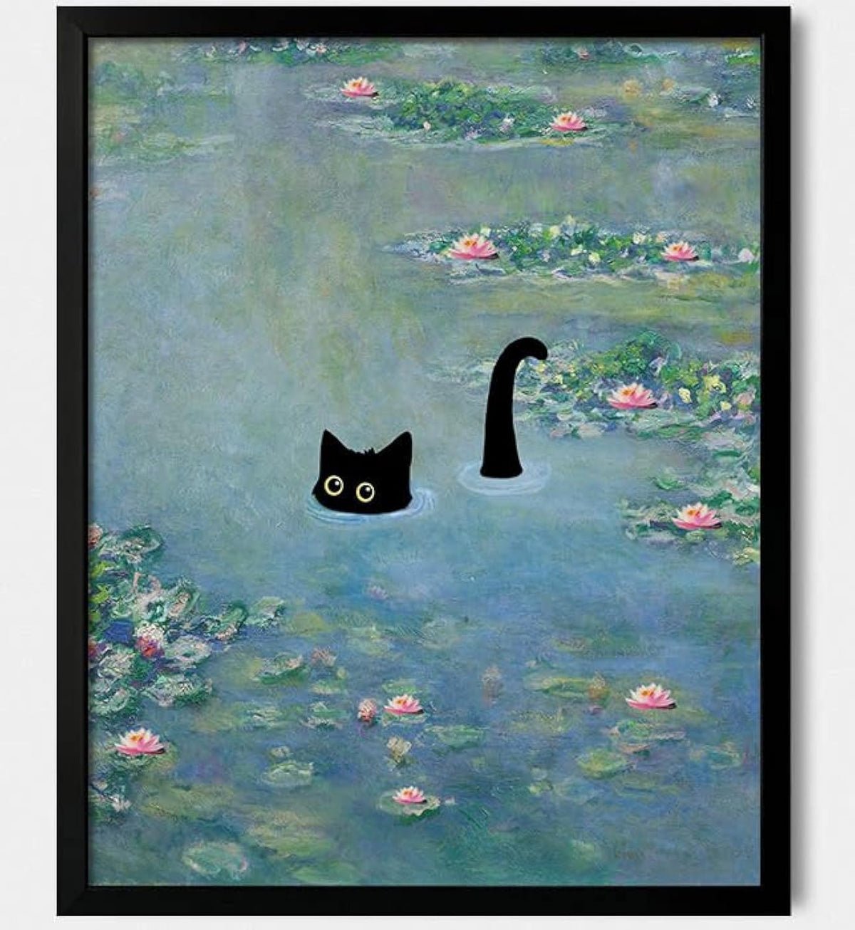 Oulawote Funny Black Cat Wall Art, Monet Art Water Lily Cat Wall Art Decor, Preppy Aesthetic Cat Posters For Bedroom Bathroom Li