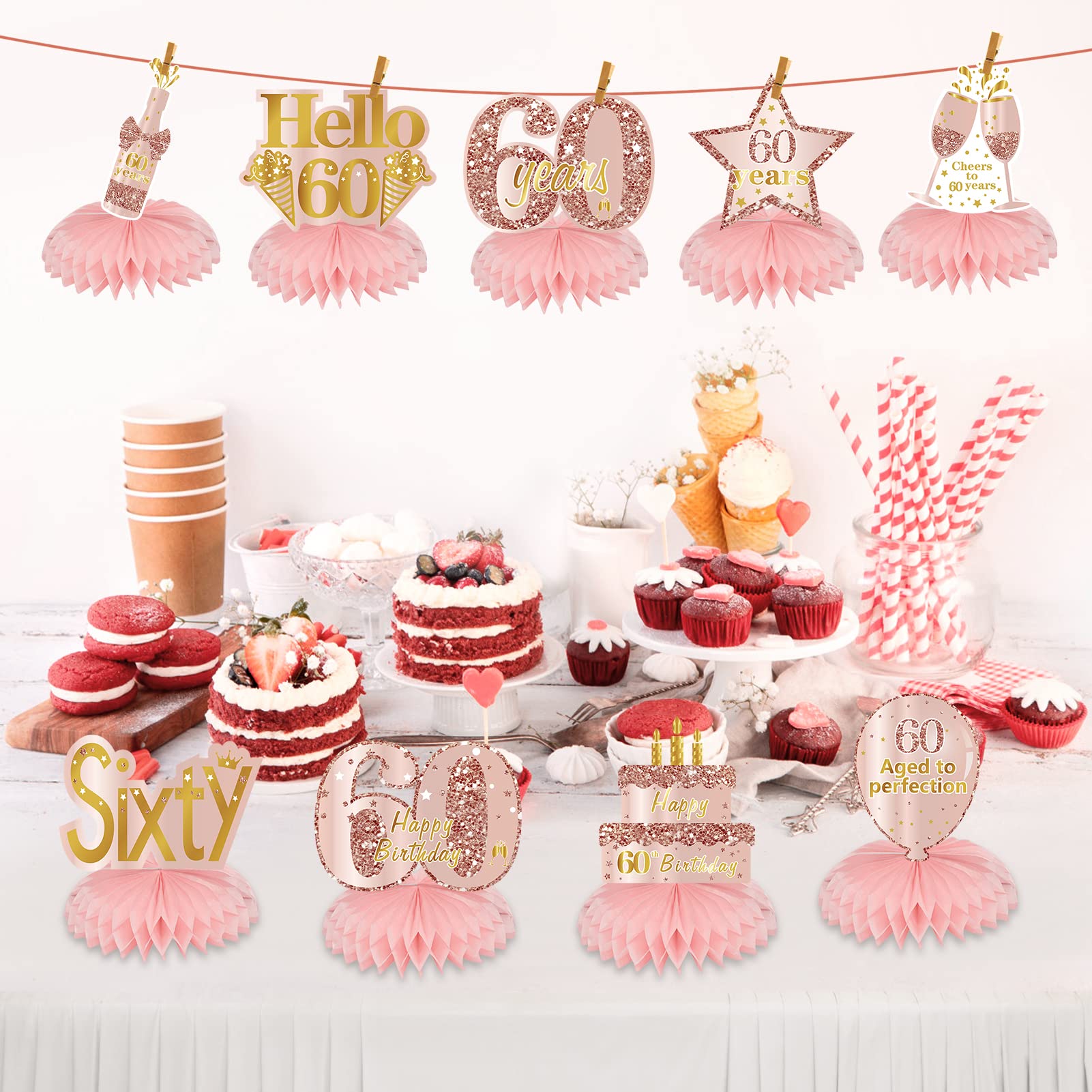 Turypaty Pink Rose Gold 60Th Birthday Honeycomb Centerpieces Decorations For Women, 9Pcs Rose Gold Happy 60Th Birthday Table Cen