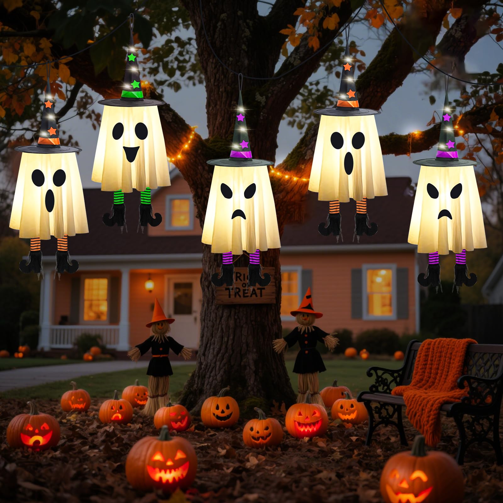 3 PCS Glowing Halloween Hanging Ghosts with Witch Hats,Halloween Outdoor Decor for Yard, Patio, Garden & Trees