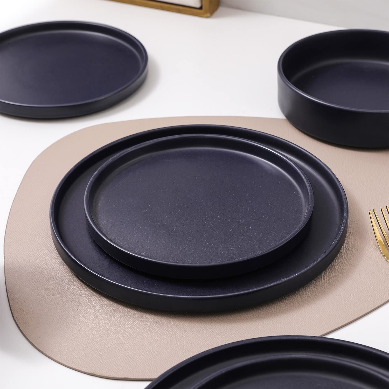 Stone Lain Cleo Modern Stoneware 32-Piece Dinnerware Set, Plates and Bowls Set, Dish Set Service For 8, Dark Blue