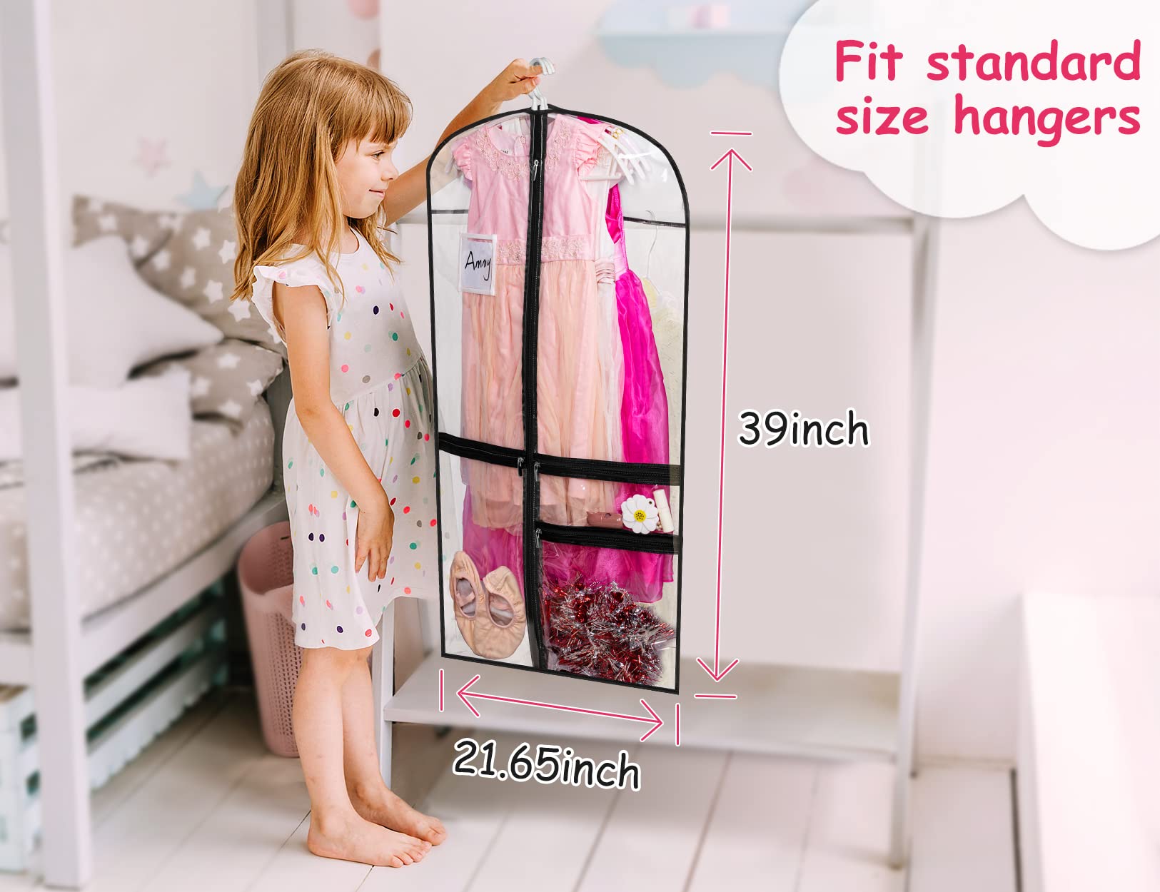 Kimbora Clear Dance Costume Garment Bag For Dancers 3 Zippered Pockets Kids Embroiderable Competitions Bags, Clothes Cover For G