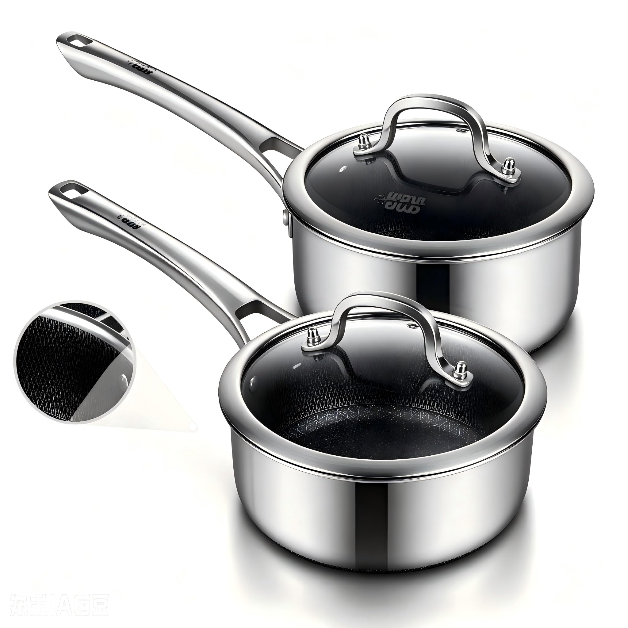 Sauce pan with lid,1.6 Quart & 2.5 Quart Stainless Steel Cookware Set with NonStick Coating, PFOAFree Saucepans for Induction,
