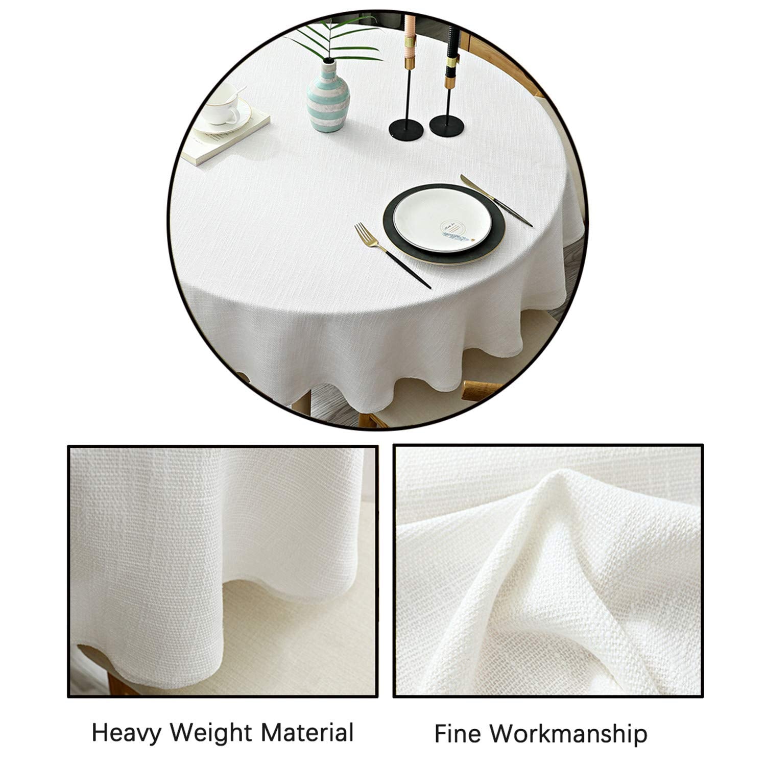 Fhberni Heavy Weight Round Tablecloth  Decorative Solid Color Table Cover  Cotton Linen Table Cloth for Kitchen Dining Home Tabletop Decoration  Cream  Round - 63''