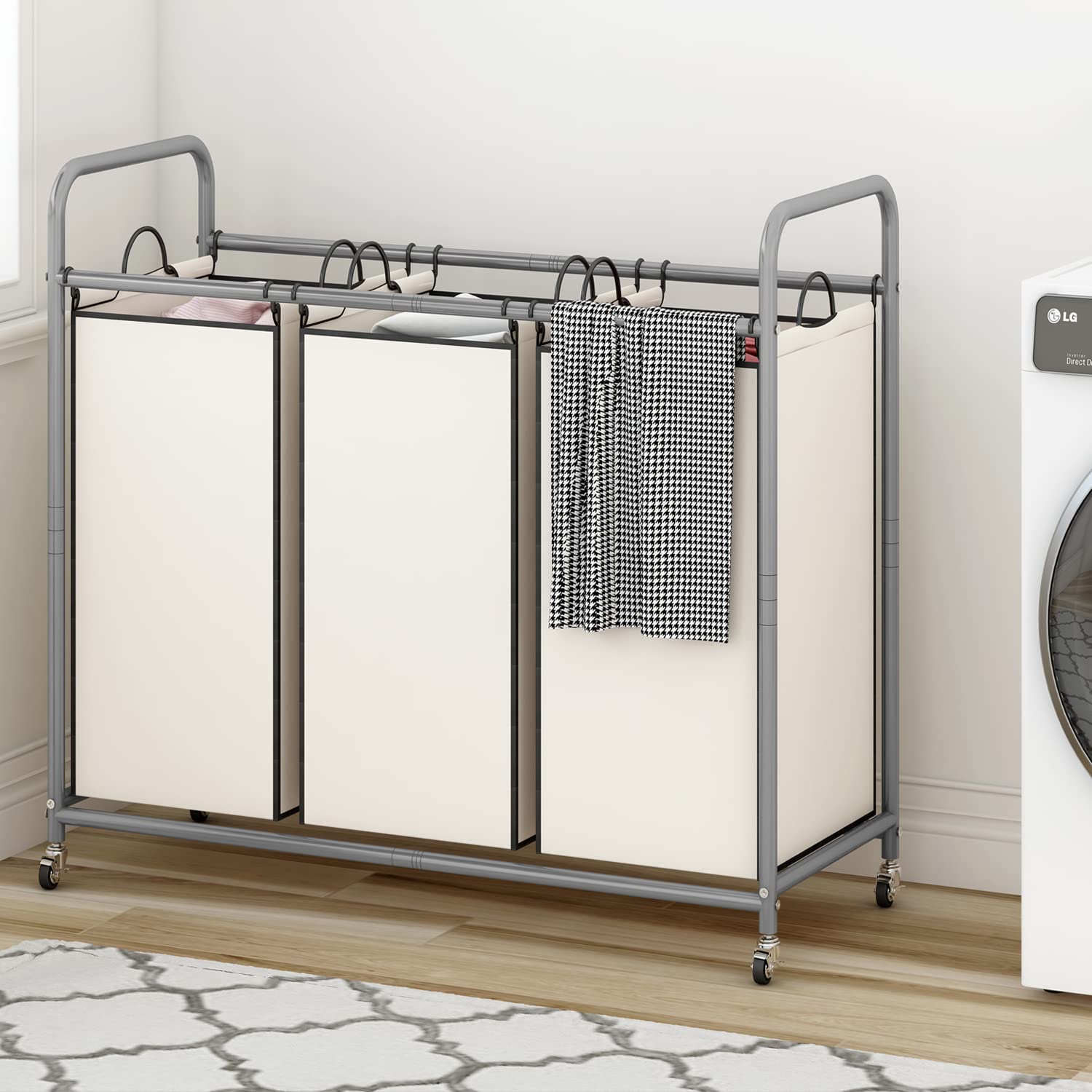 Linzinar 3-Bag Laundry Sorter,Laundry Hamper Cart With Heavy Duty Rolling Lockable Wheels And Removable Bags (Beige)