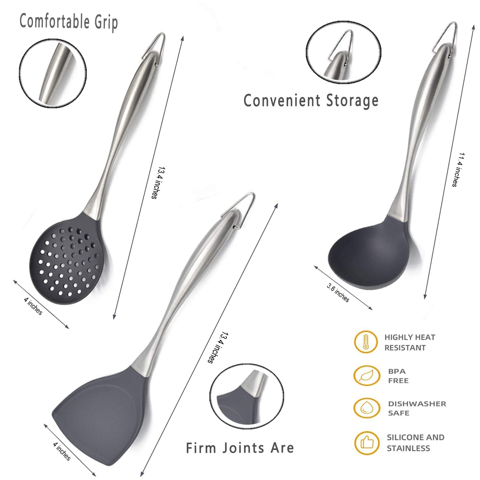 Silicone Stainless Steel Kitchen Utensils Set, 3-Pieces Flexible Silicone Head Cooking Utensil With Wok Spatula, Ladle, Slotted