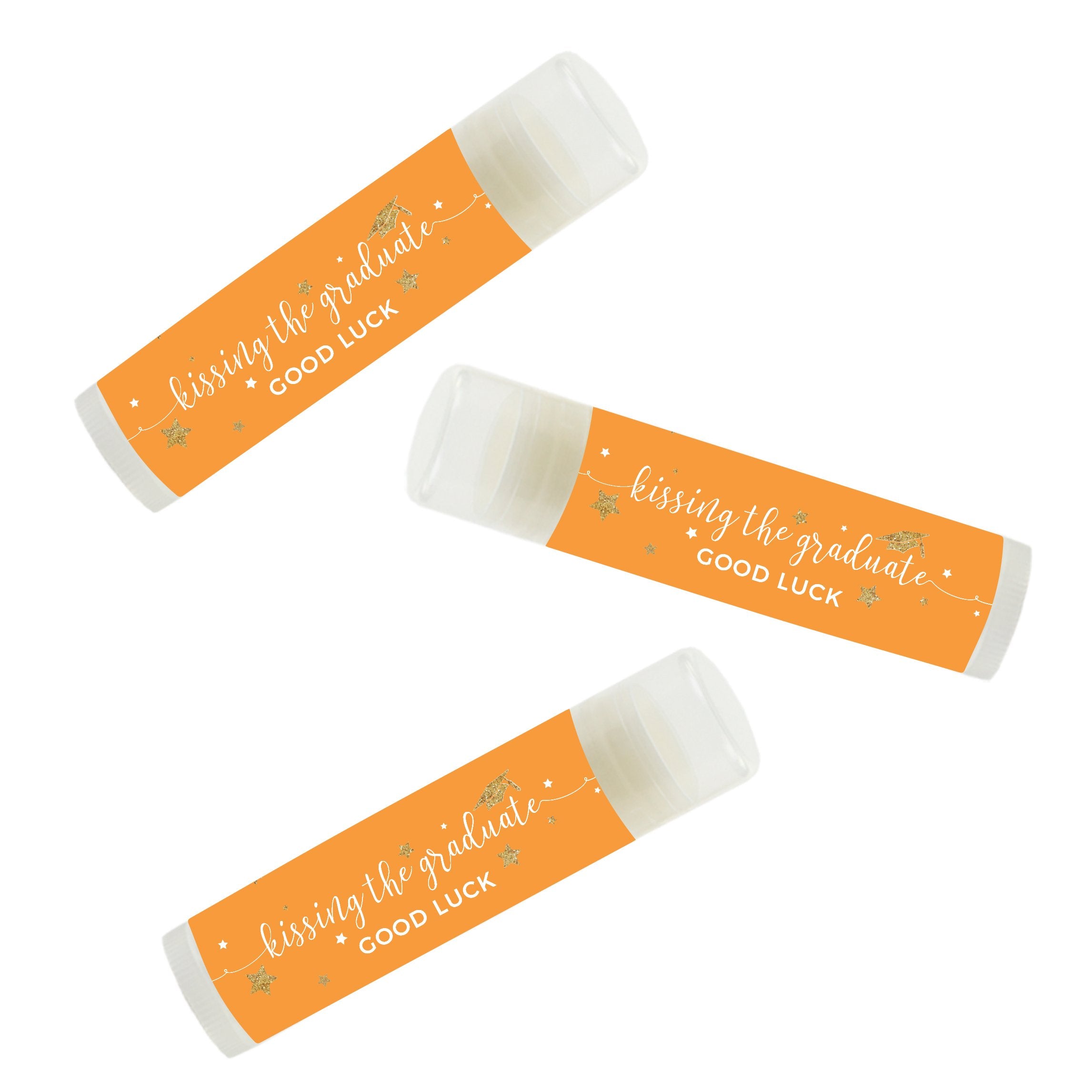 Andaz Press Orange And Gold Glittering Graduation Party Collection, Lip Balm Favors Kissing The Graduate Good Luck, 12-Pack