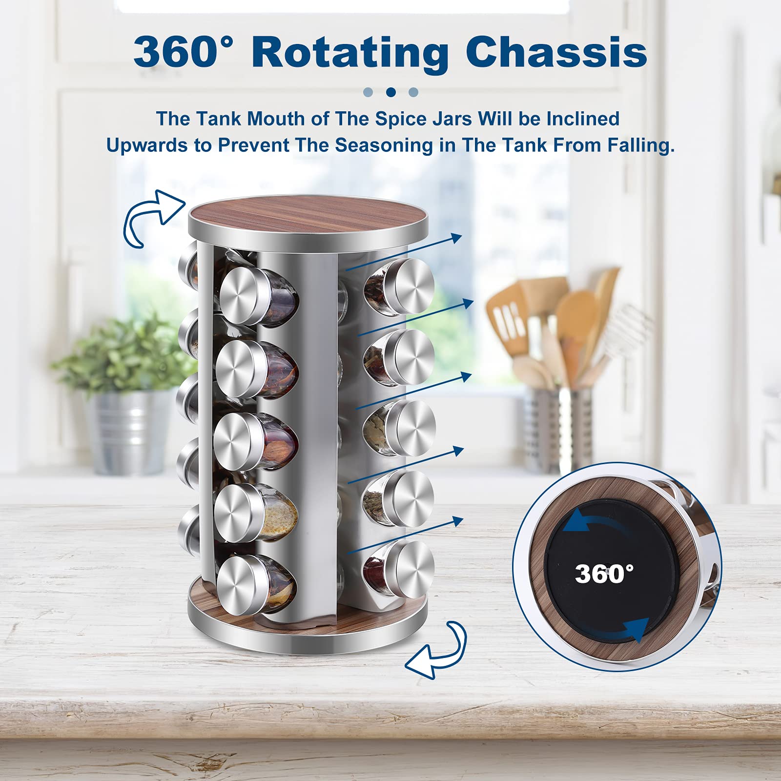 WAYDA Rotating Spice Rack Organizer - 20 Jars Stainless Steel Spice Tower for Kitchen Countertop, Blue/Silver with Labels and Funnel