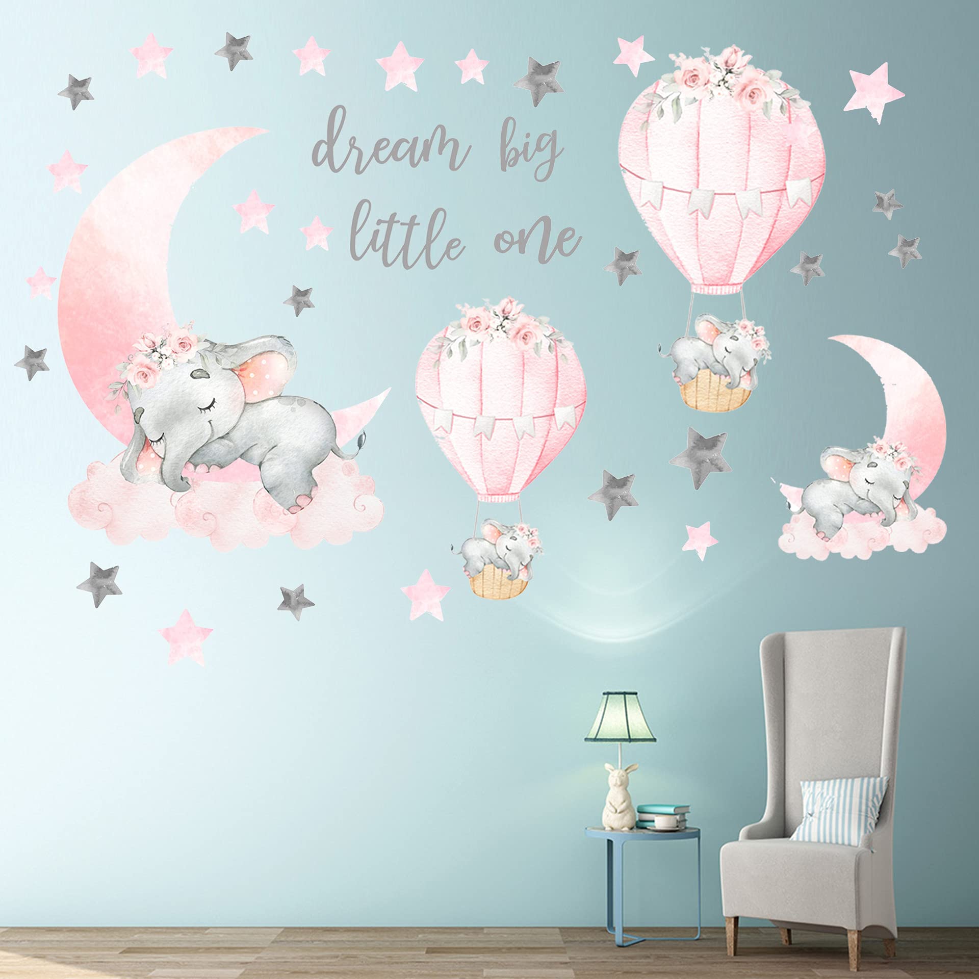 Dream Big Little One Elephant Wall Stickers  Pink Moon Hot Air Balloon Grey Stars Wall Decals for Nursery Kids Room Living Room Bedroom Decorations Home Decor