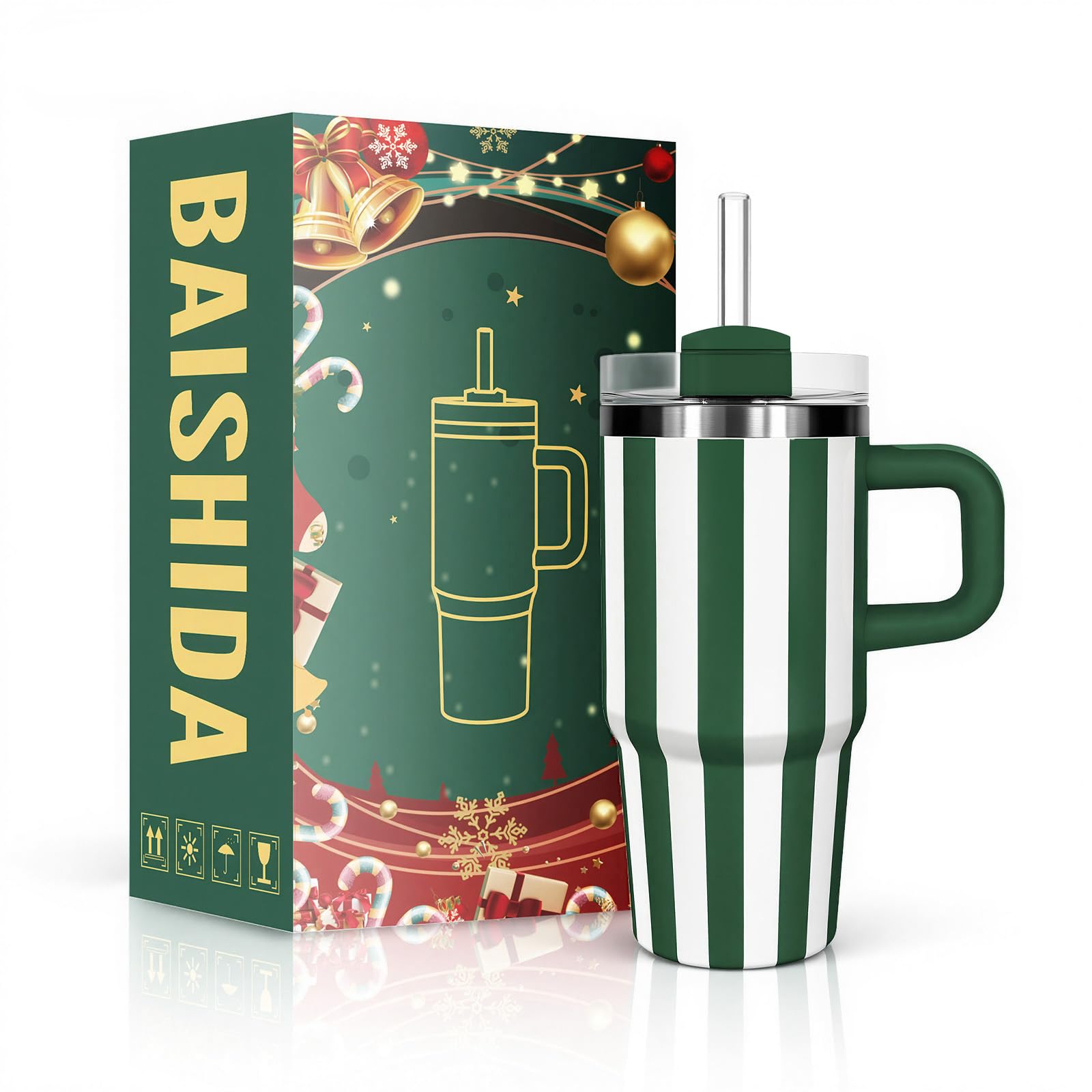 BAISHIDA 20 oz Tumbler with Handle and Straw Classic Striped Insulated Stainless Steel Cup  Oasis