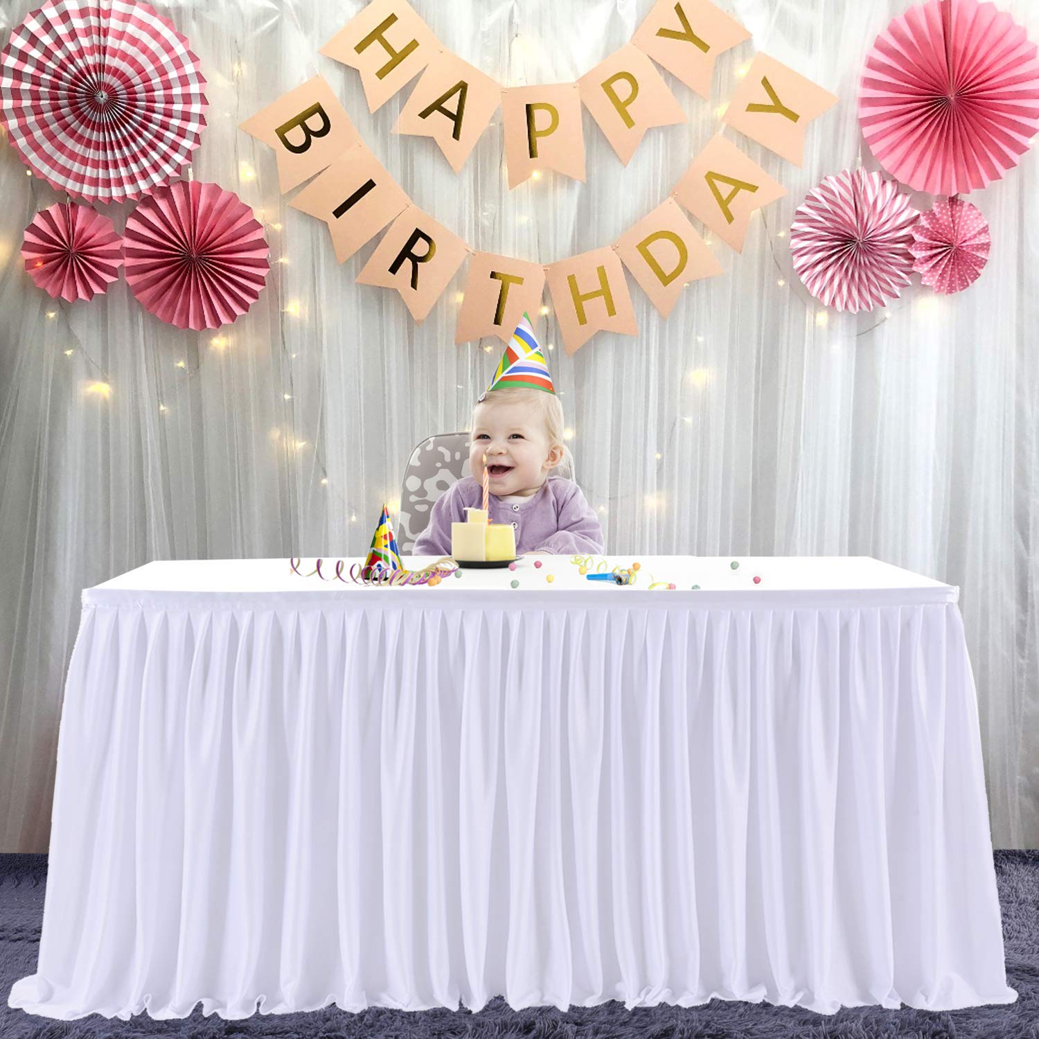 Little Funny 14ft White Table Skirts for Rectangle Tables Polyester Pleated Table Skirt Ruffle Tablecloth for Wedding Birthday Party Baby Shower Bridal Shower Banquet Table Decorations