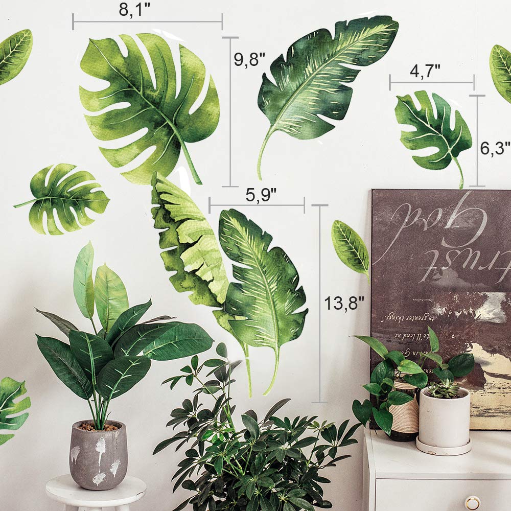 Palm Leaf Wall Stickers - Tropical Leaves Decals - Foliage Monstera Wall Decal - Jungle Theo Leaf Decals - Banana Greenery Vinyl D?or Cling with Gift