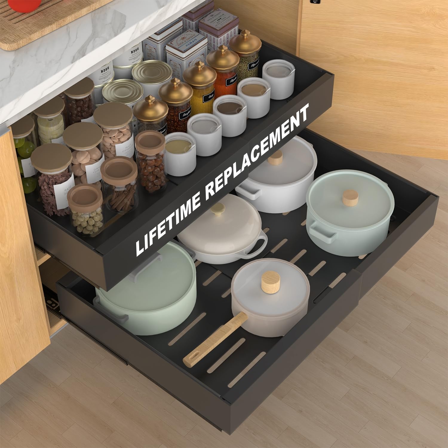 ANTOWIN 2Pack Expandable Pull Out Cabinet Organizer 21Deep(12.220.5W), 3 Full Extension Glides Slide Out Drawers, Roll Out 