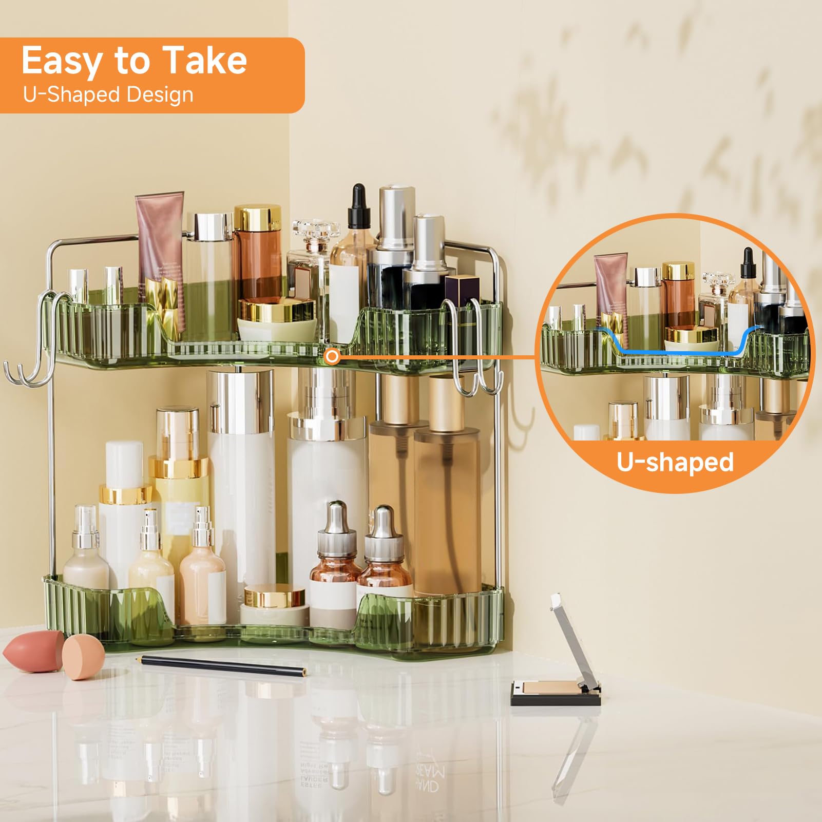 Kinkota 2 Tier Corner Bathroom Organizer Countertop, Plastic Bathroom Counter Organizer, Vanity Tray Sink Shelf With Hooks, For