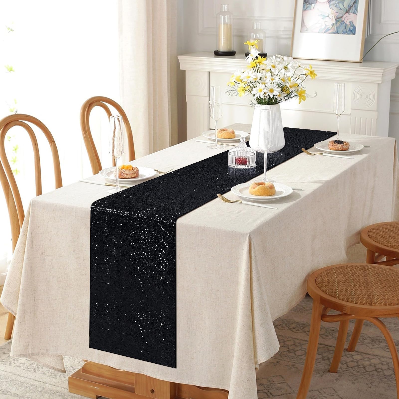 Yuboo Black Sequin Table Runners 12''X 108'', 2 Pack Glitter Table Runner, Graduation Party Decorations, Sparkly Black Decoratio