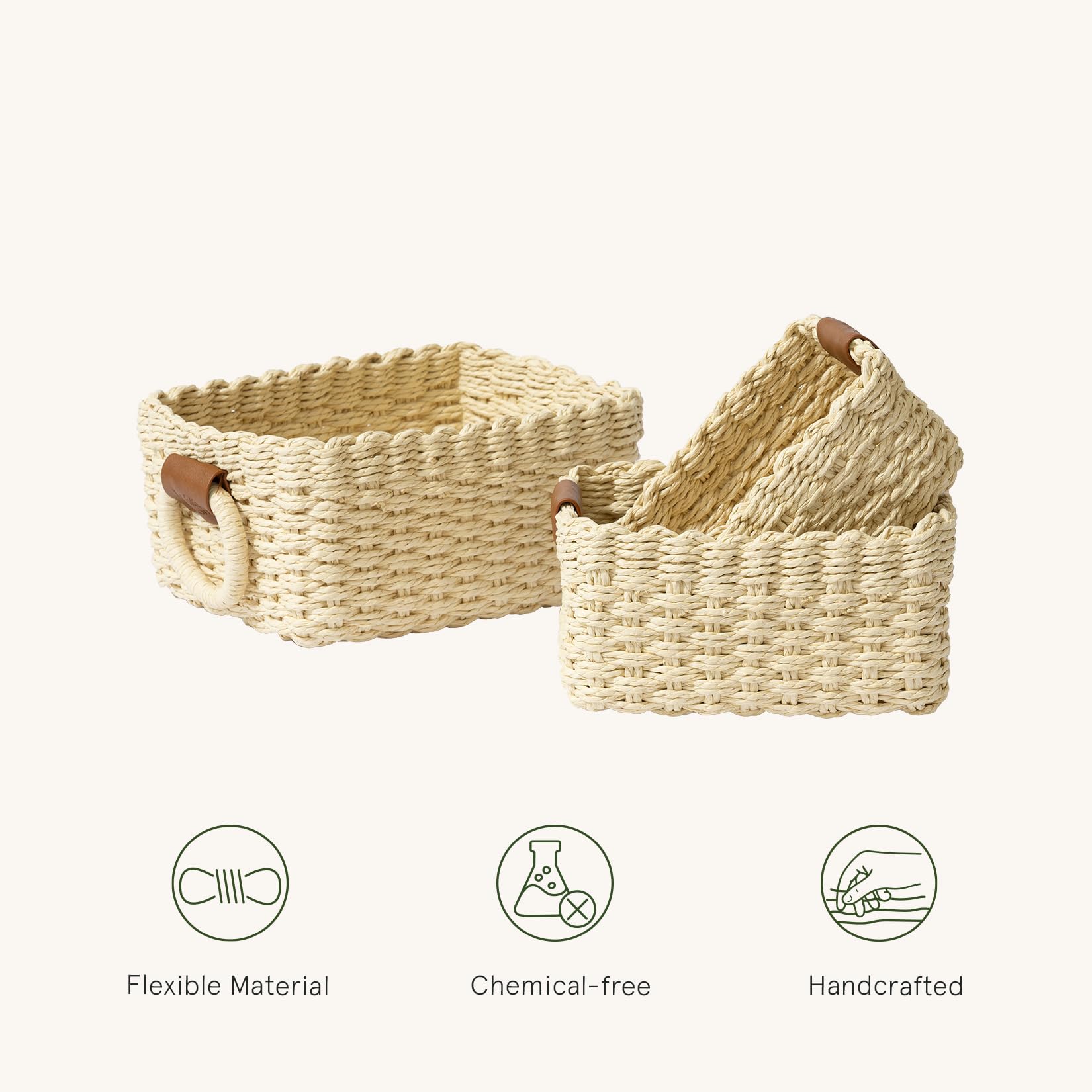 La Jolie Maison Small Beige Wicker Baskets Set Of 3, Paper Rope Storage Baskets With Handle, Small Woven Baskets For Organizing,