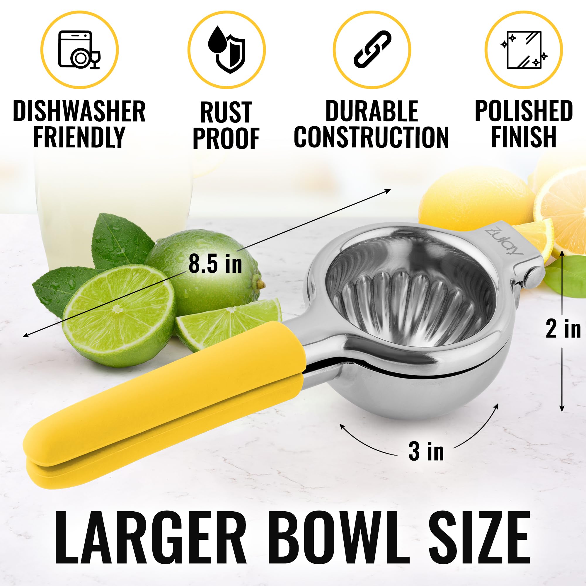Zulay Lemon Squeezer Stainless Steel With Premium Heavy Duty Solid Metal Squeezer Bowl And Food Grade Silicone Handles - Large M
