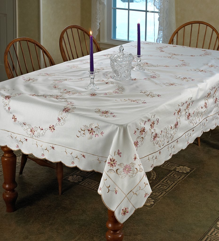 Violet Linen Renaissance Design Tablecloth White/Cream Embroidered 70'' X 120''