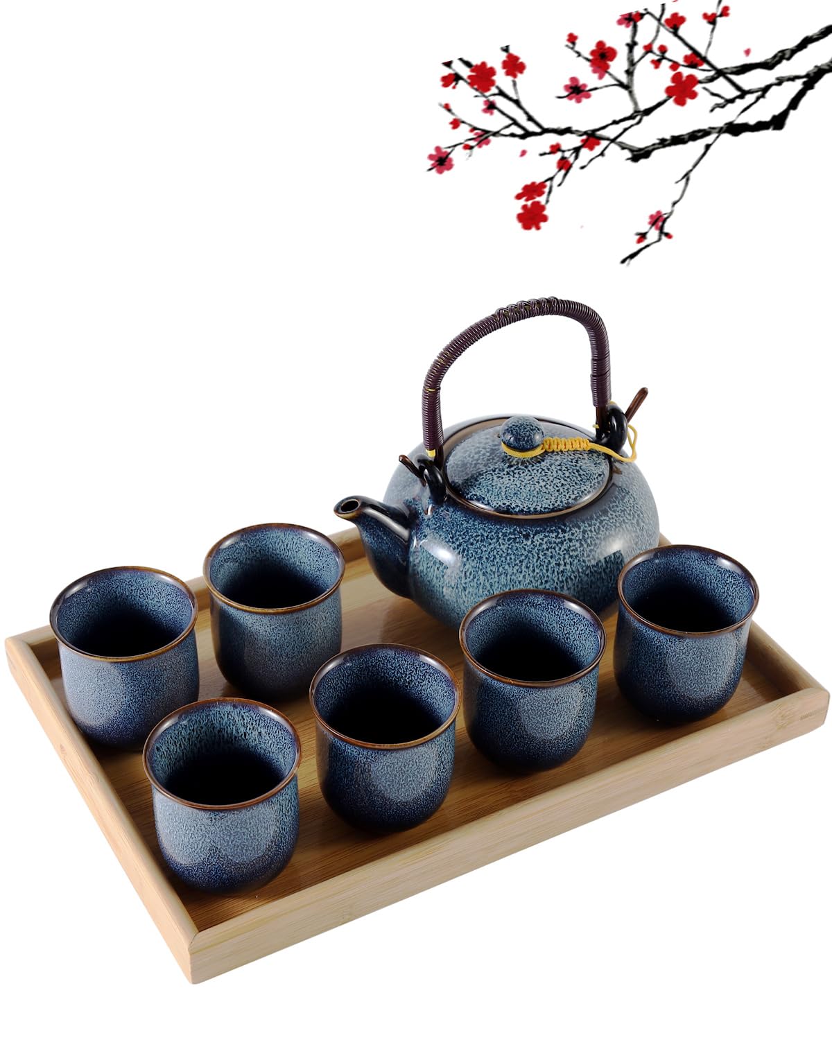DUJUST Japanese Tea Set for 6  Kiln Altered Glaze Porcelain Tea Set with 1 Teapot  6 Tea Cups & 1 Tea Tray  Unique Chinese Tea Set for Adults/Tea Lovers/Women/Men  Blue