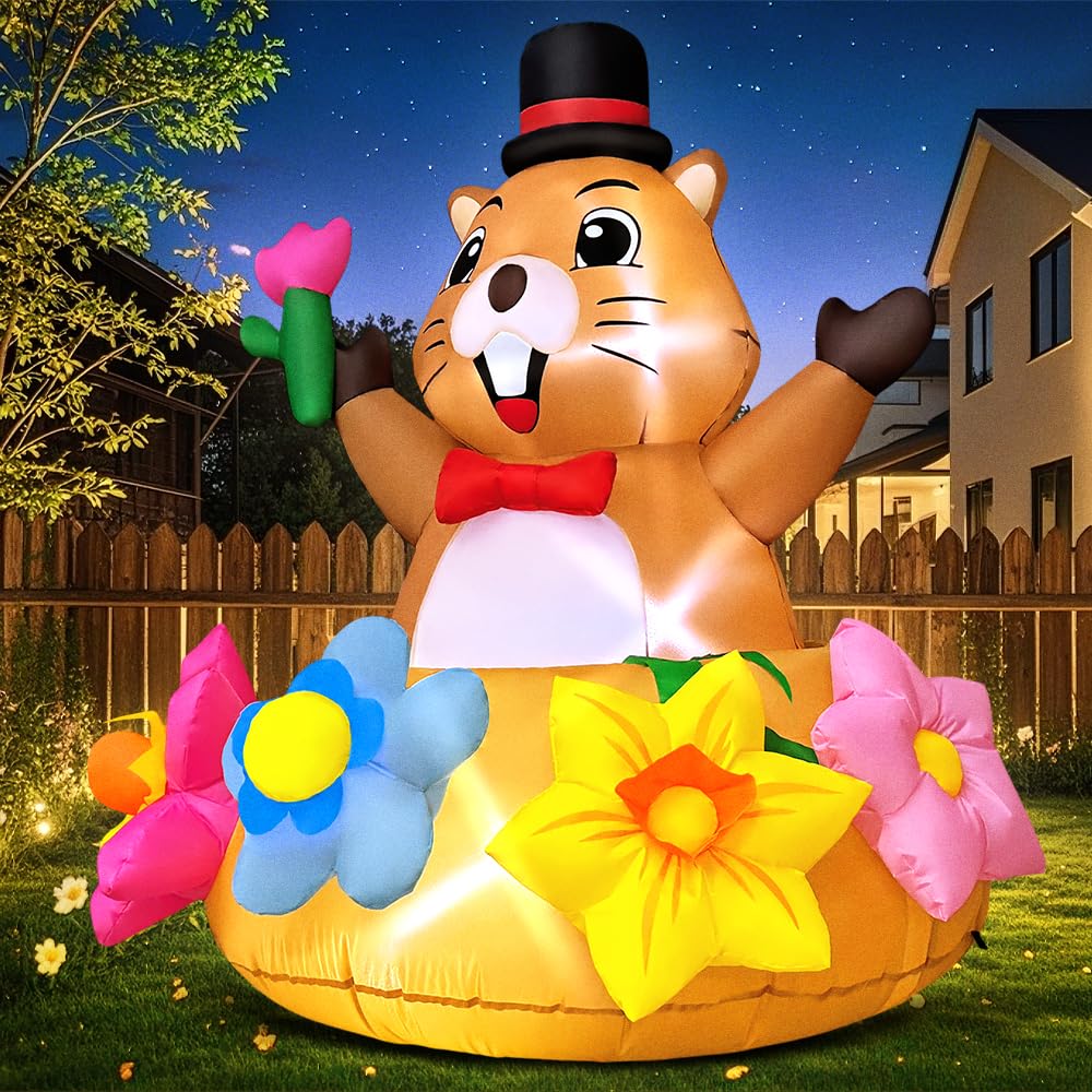 4FT Summer Inflatable Marmot Outdoor Decoration Blow up Animal Decoration, Built-in LED Lights for Spring Summer Easter Yard Gar