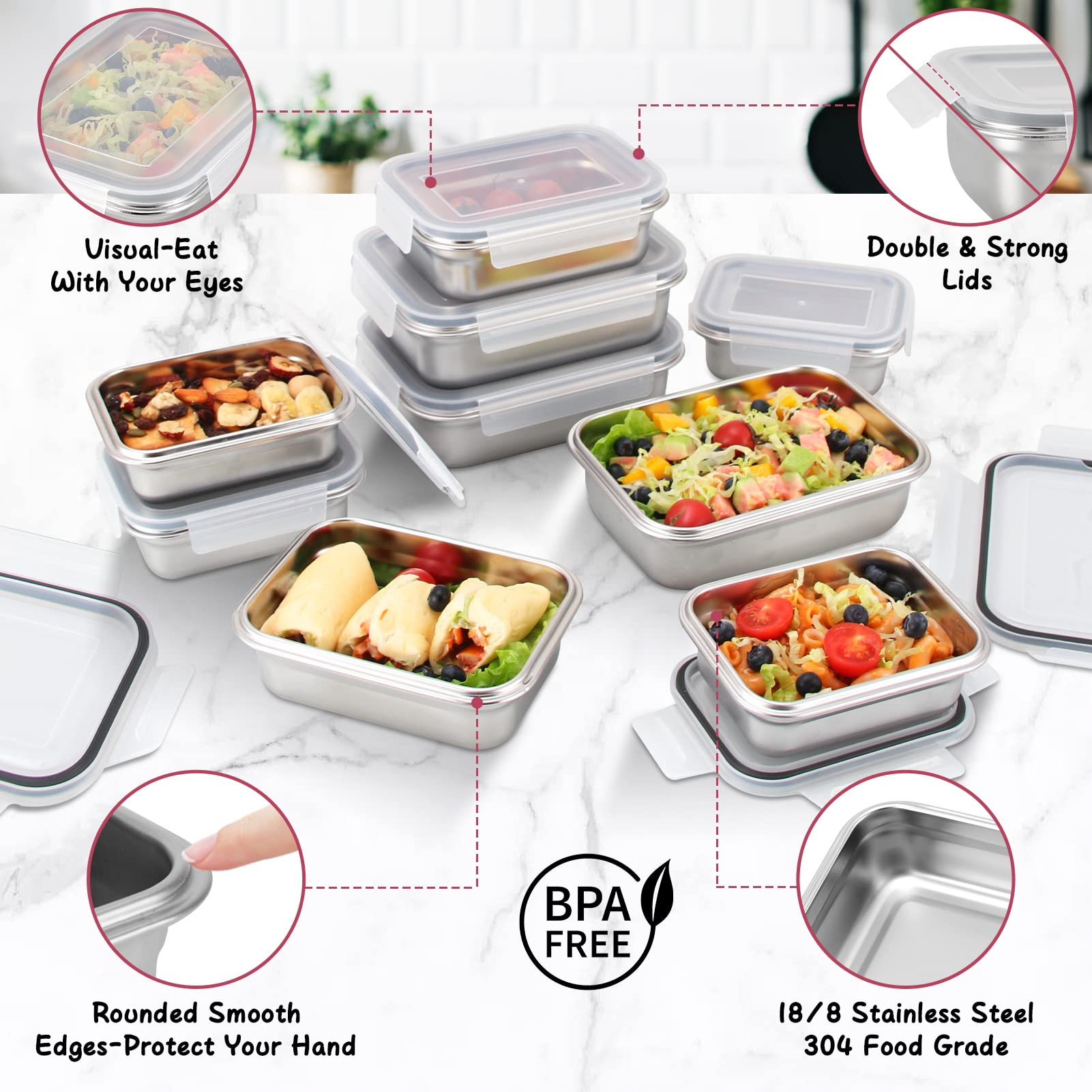Cykorxicc 10 Pc Square 304 Stainless Steel Food Containers With Lids, Airtight Bento Lunch Box, Metal Meal Prep Food Containers