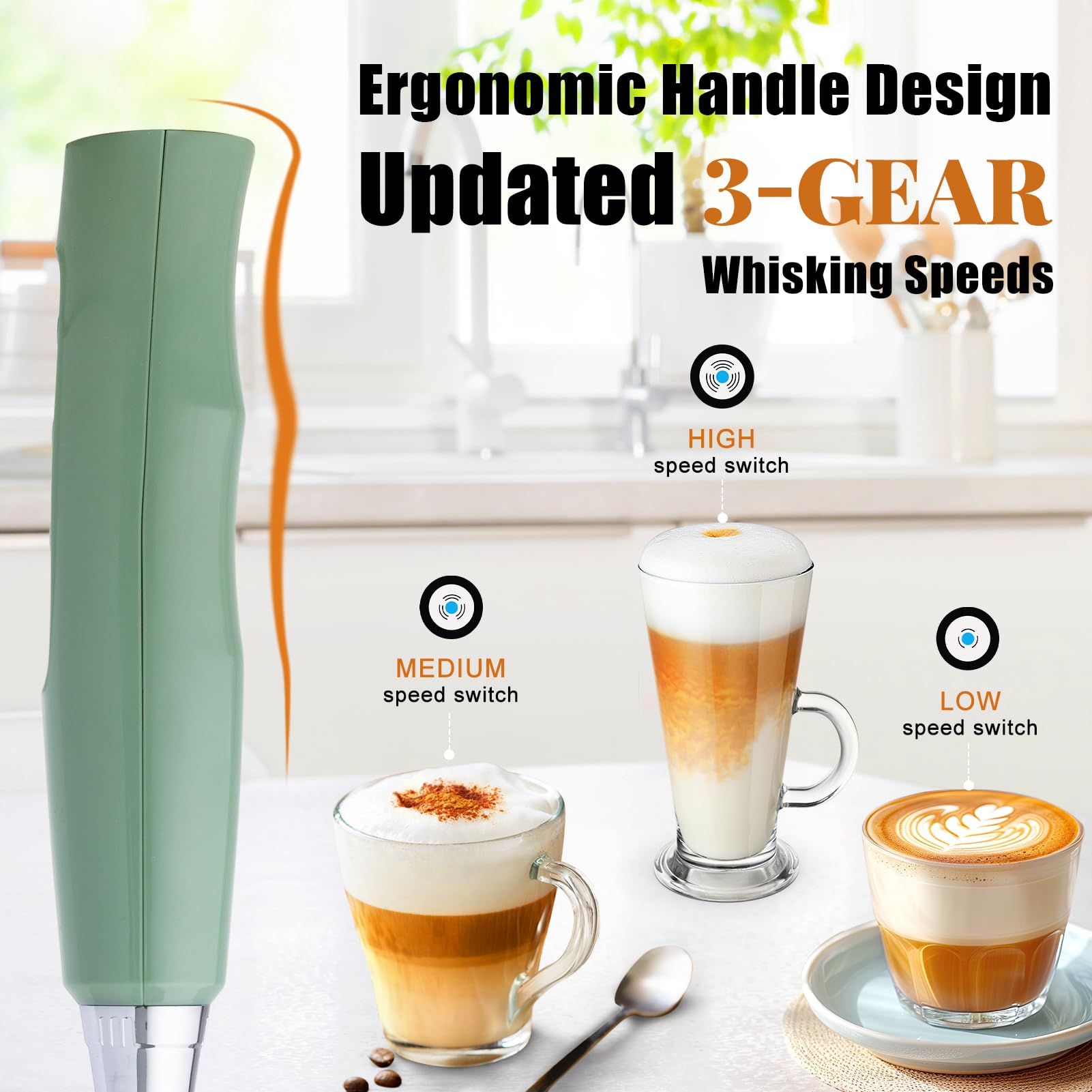 Nahida Granite Green Milk Frother Wand For Coffee, Frother Handheld Rechargeable Electric Whisk With 3 Heads 3 Speeds Drink Mixe