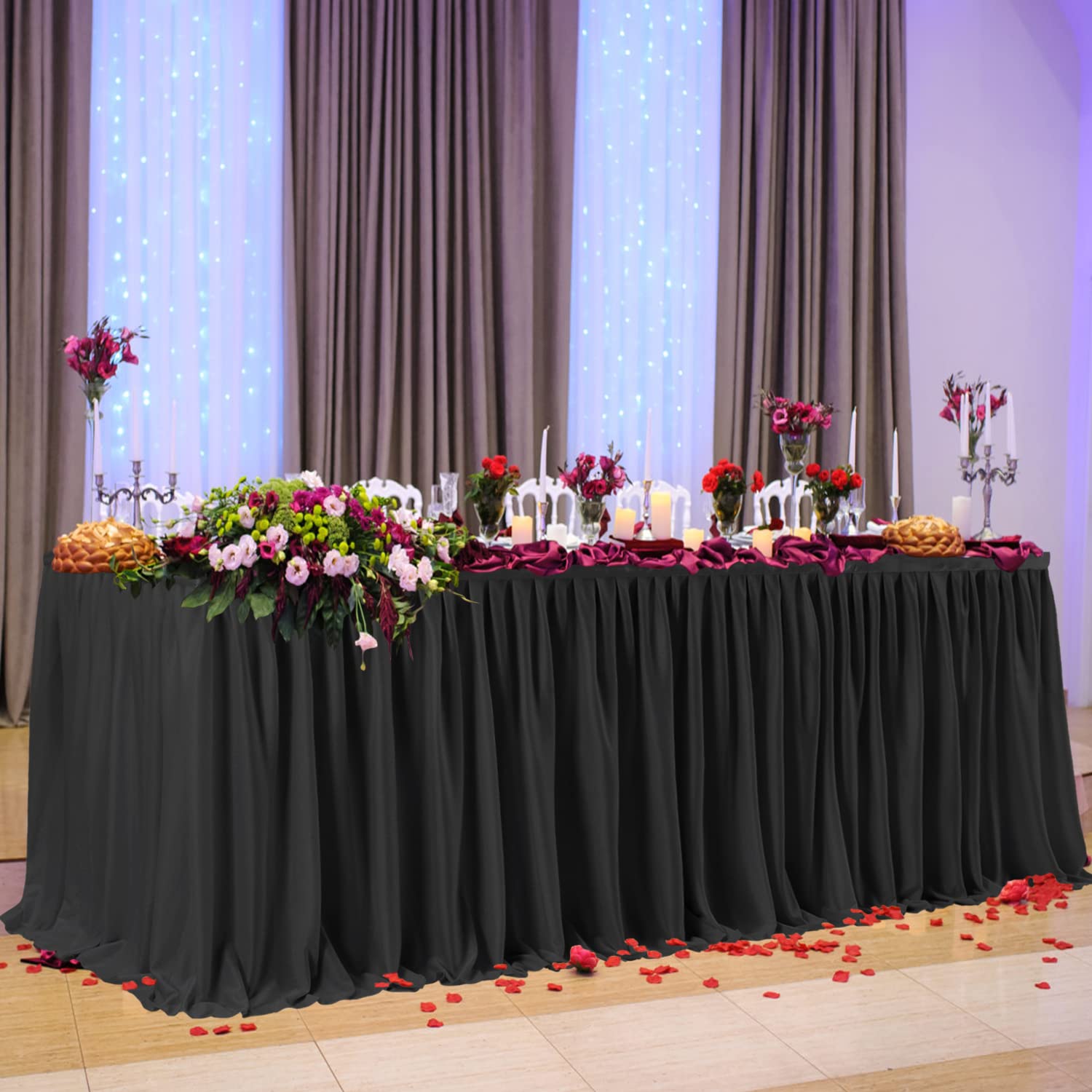Partisky Black Polyester Table Skirt For Rectangle Tables 12Ft, Wrinkle Resistant Pleated Ruffle Table Cloth For Banquet Wedding