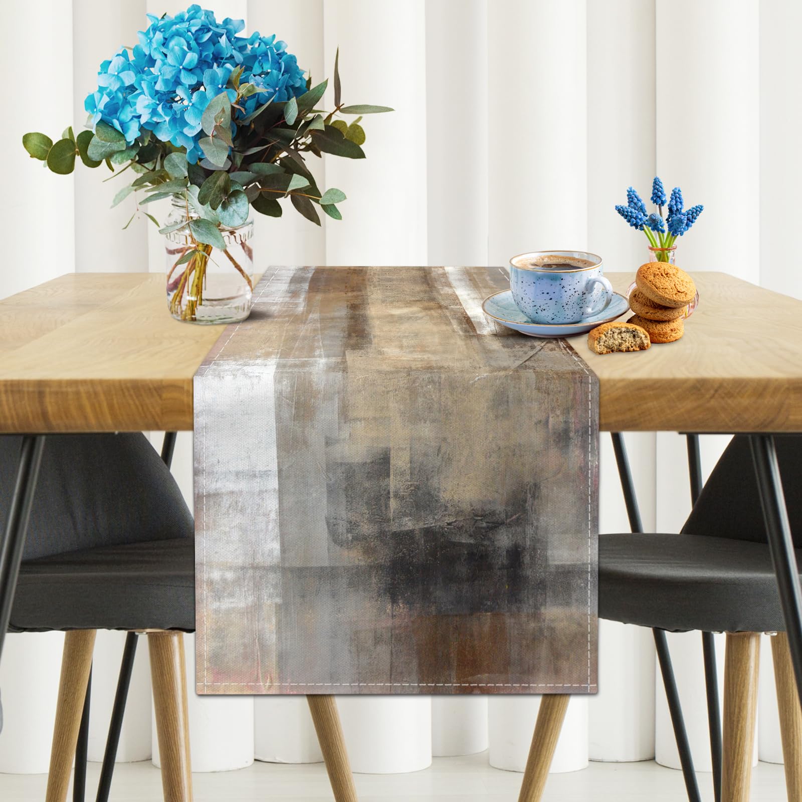 Brown Grey Table Runners Modern Art Farmhouse Linen Table Runners Dresser Scarves Retro Rustic Style for Party Kitchen Dining Ta