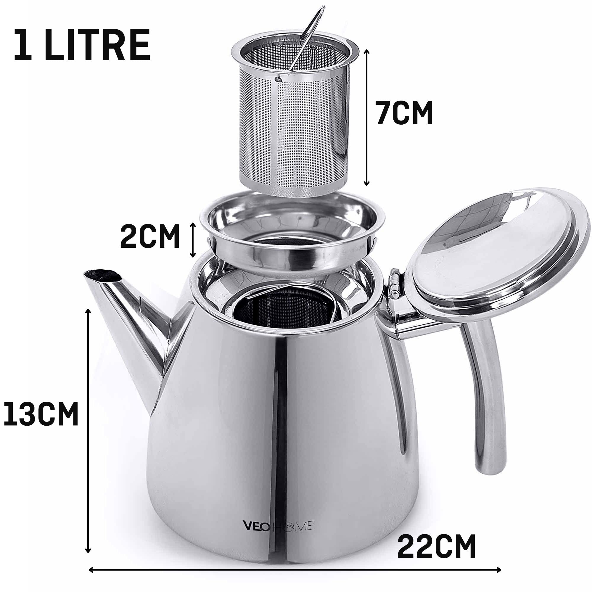Veohome Stainless Steel Tea Pot With Infuser - Keeps Heat Thanks To Its Double Wall, Silver (1 Liter (34 Oz))