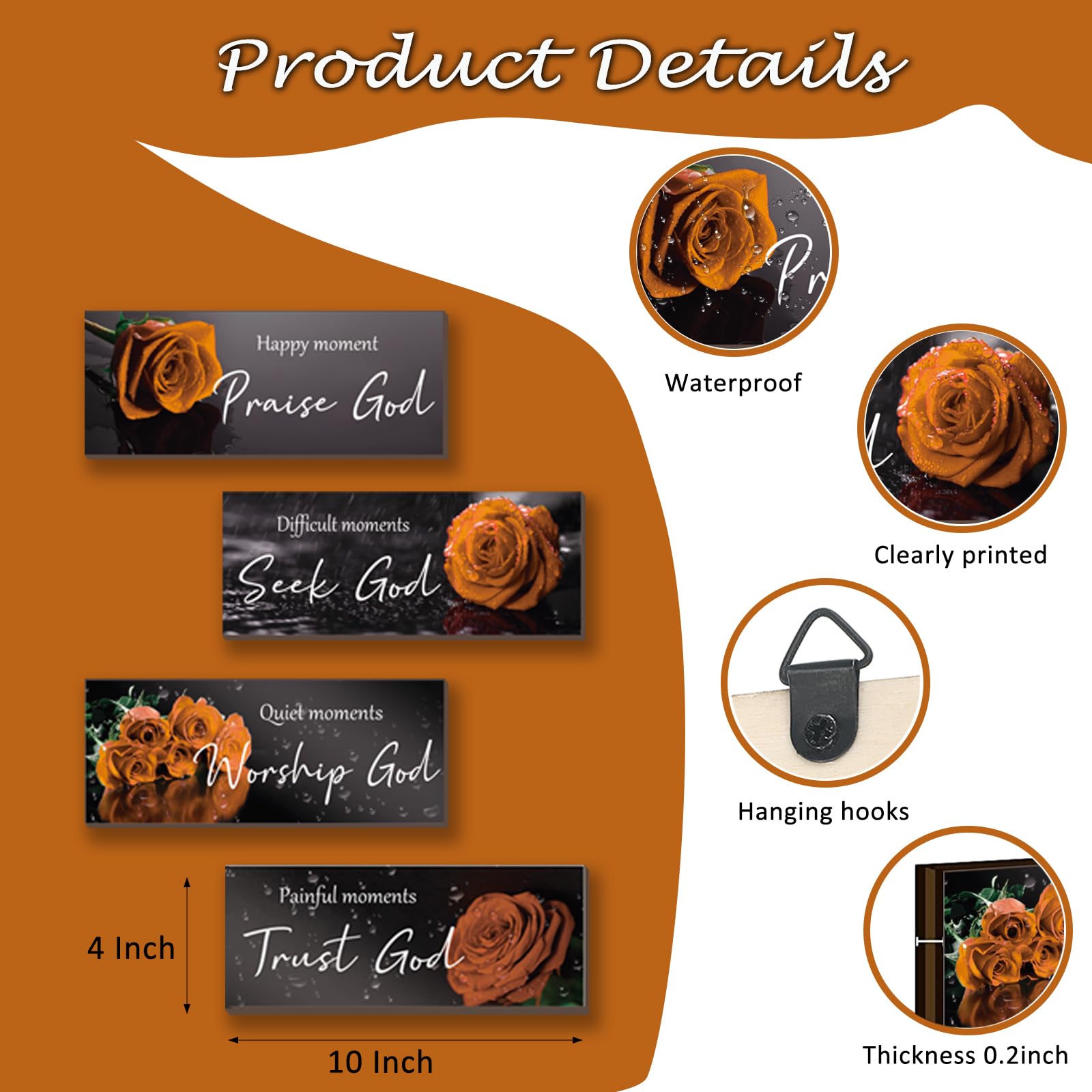 ONIZHITY 4Pcs Orange Bathroom Decor Orange Wall Decor Religious Bible Verse Orange Rose Wall Decor Rustic Wooden Christian Sign