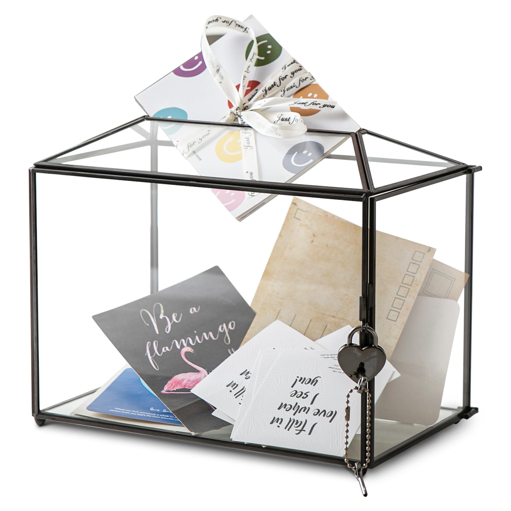 Sanllusit Wedding Glass Card Box with Slot and Lock, 10.2 x 6 x 8 Inch, Small Black Geometric Cards Holder for Birthdays Party R