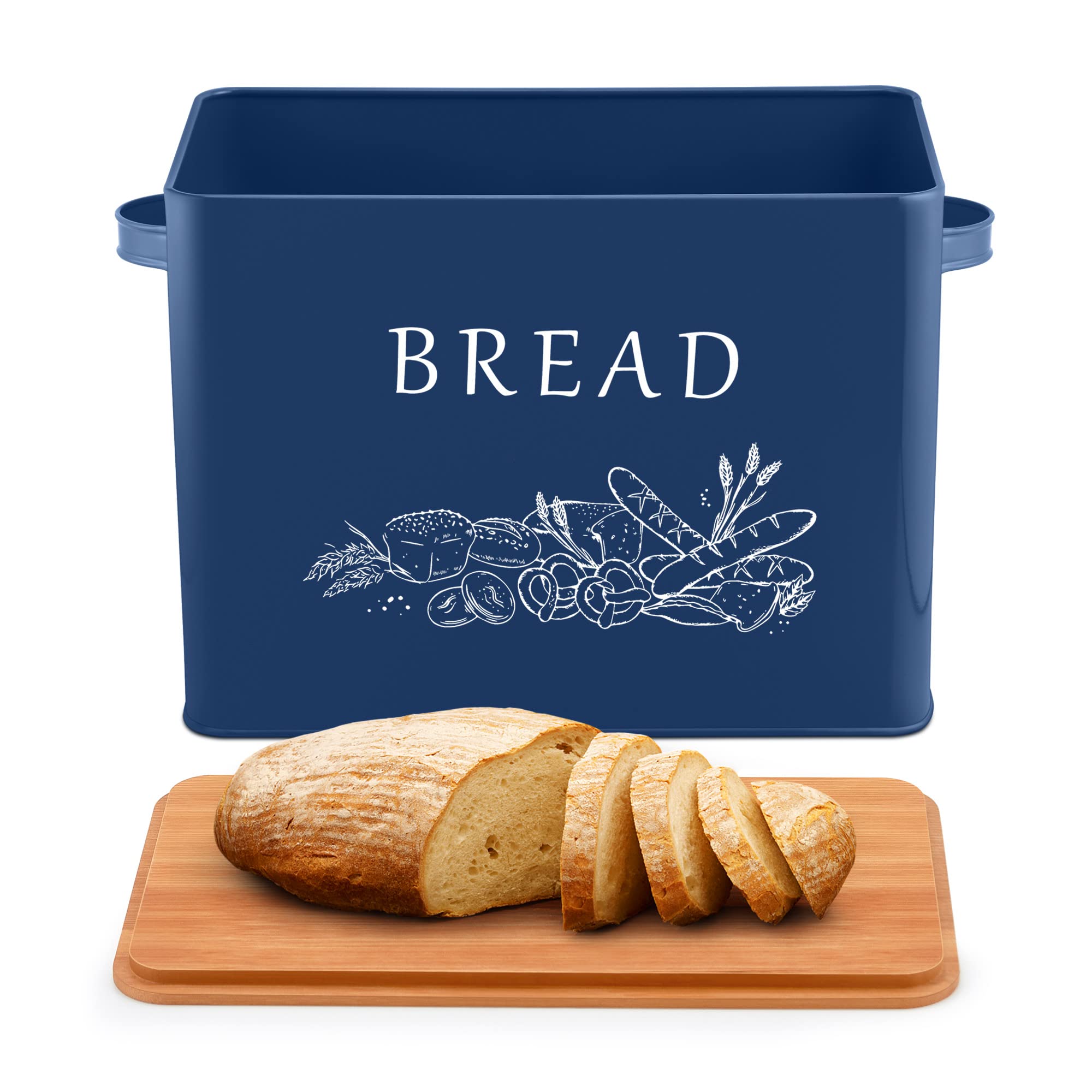 Lianyu Navy Blue Bread Box With Bamboo Cutting Board Lid, Large Farmhouse Metal Bread Storage Container For Kitchen Countertop,