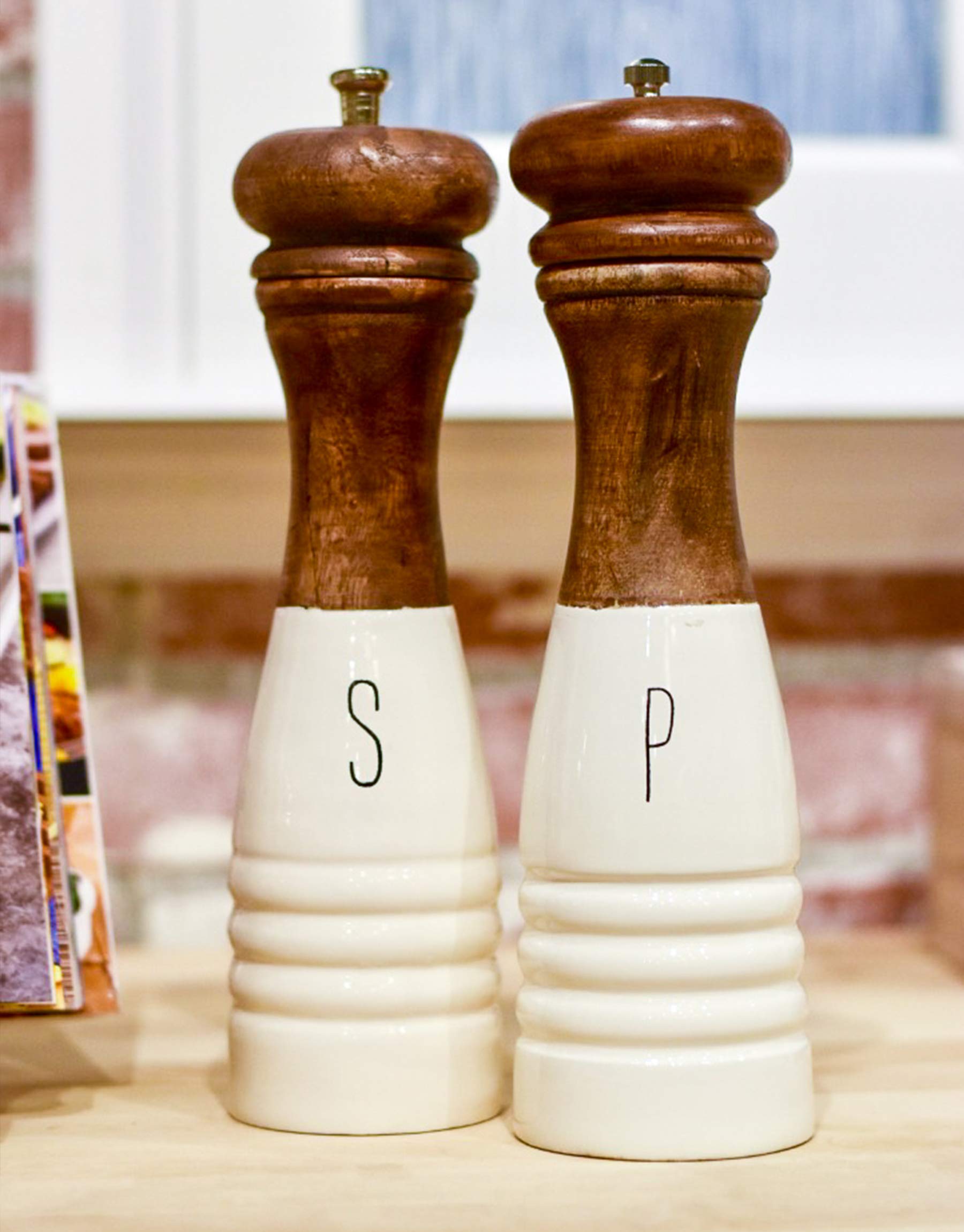 Mud Pie Farmhouse Wood And Enamel Mills Salt And Pepper Set, 10 1/2'' X 3'' Dia, White, Brown