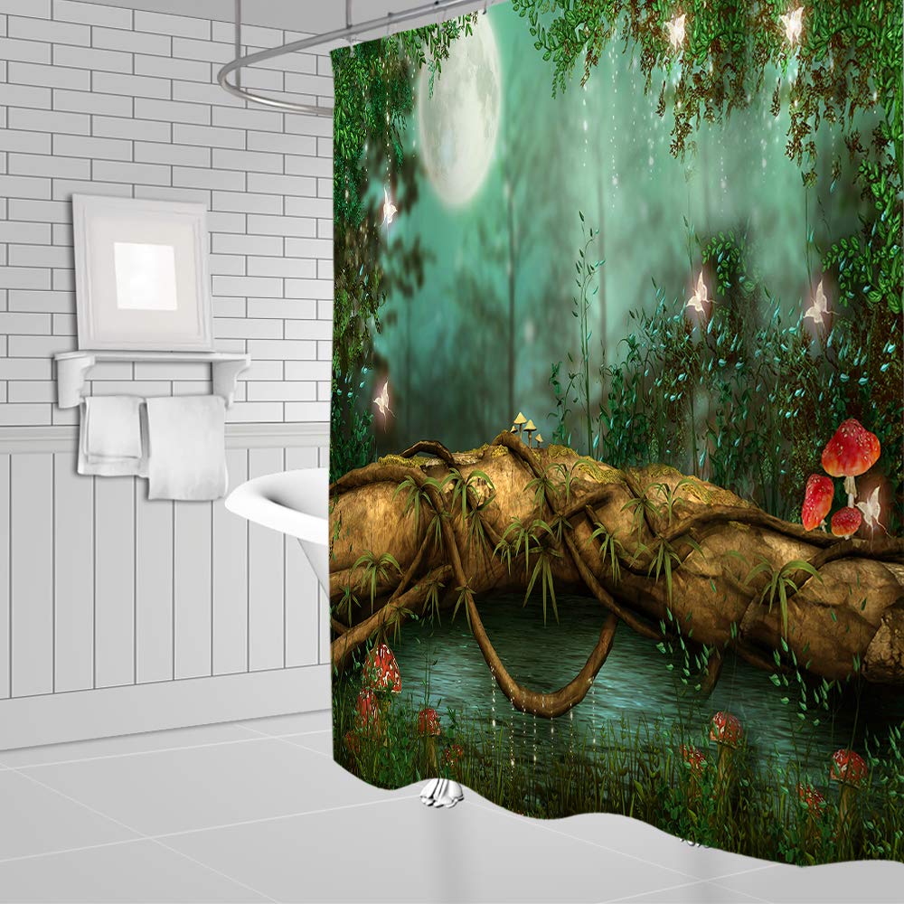 Jingjiji Fantasy Forest Green Shower Curtain Fairy Tale Mushroom Jungle Tree Pond Meadow Butterfly Elf Moon Night View Bathroom