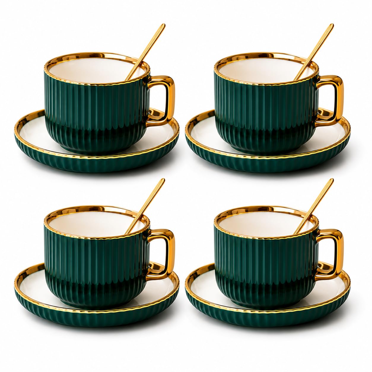 Mirenel ChaoArt Ceramic Coffee Cups, Green, Set of 4 with Saucers, 8 oz