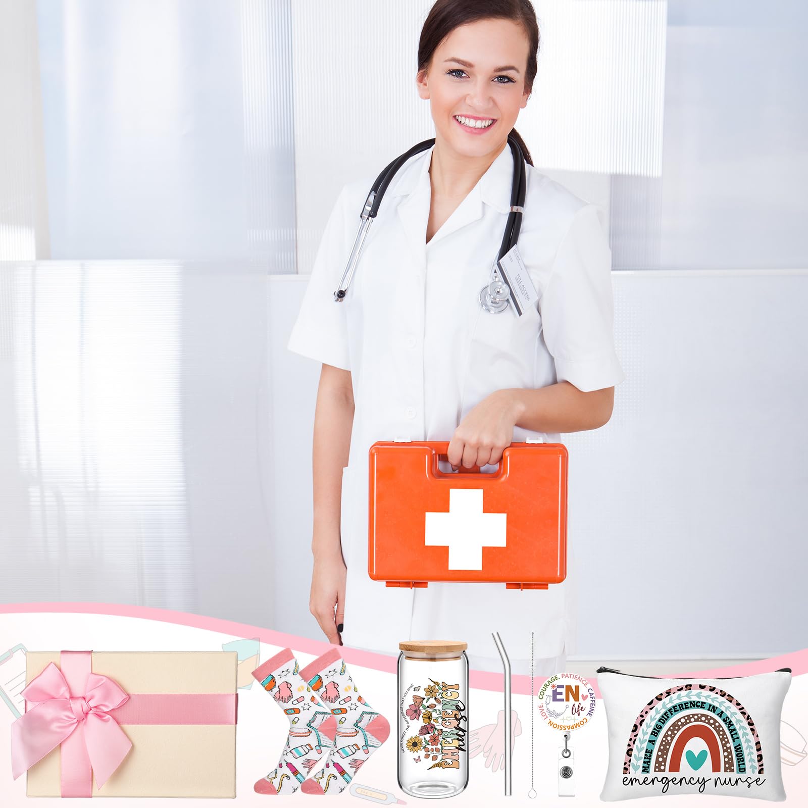 Skylety 5 Pcs Christmas ER Nurse Gifts for Women Set 16 oz Glass Cup Socks Cosmetic Bag Badge Holder Thank You Emergency Nurse A