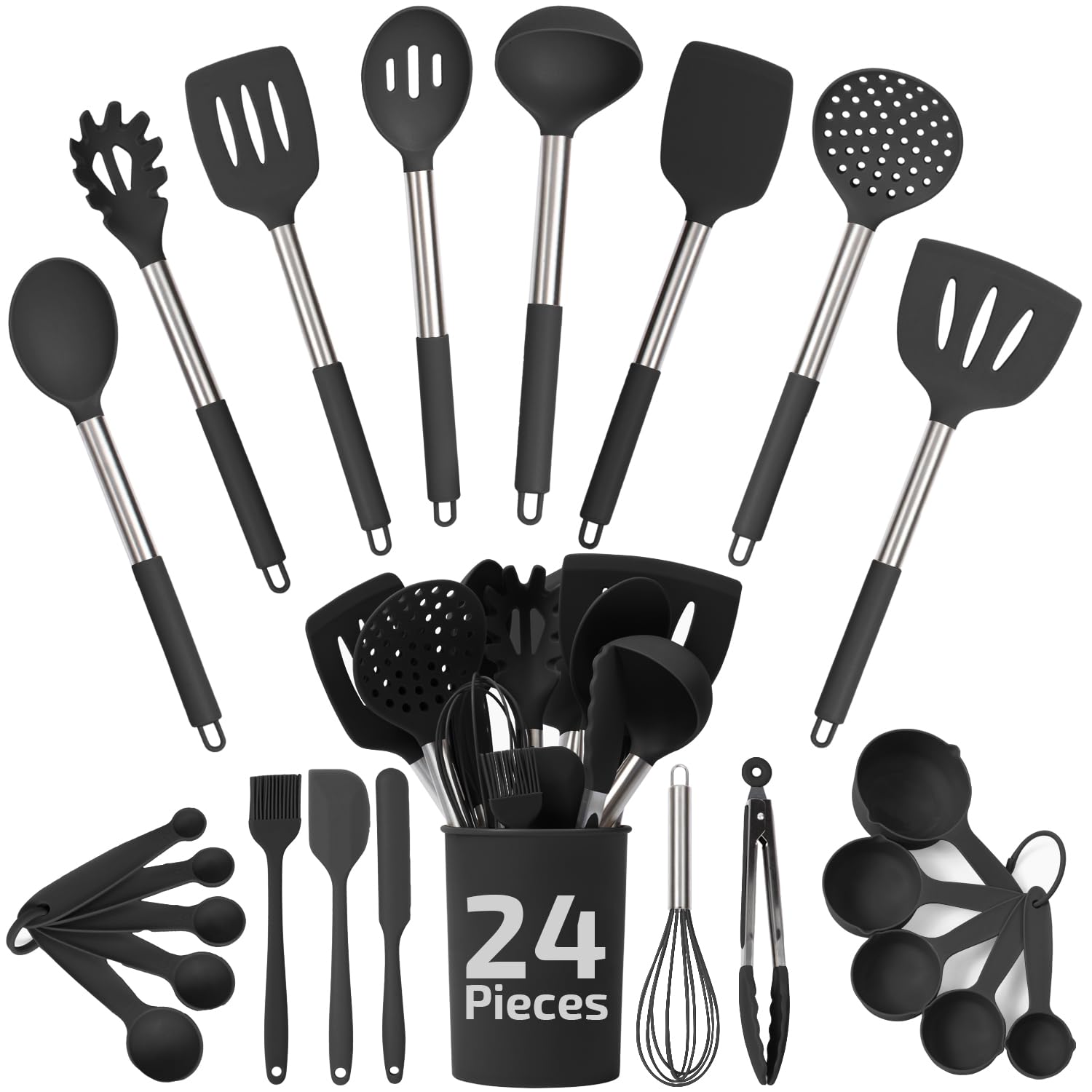 Silicone Kitchen Utensils Set - Culinary Couture 24-Pieces Black Silicone Cooking Utensils Set for Nonstick Cookware - Silicone 