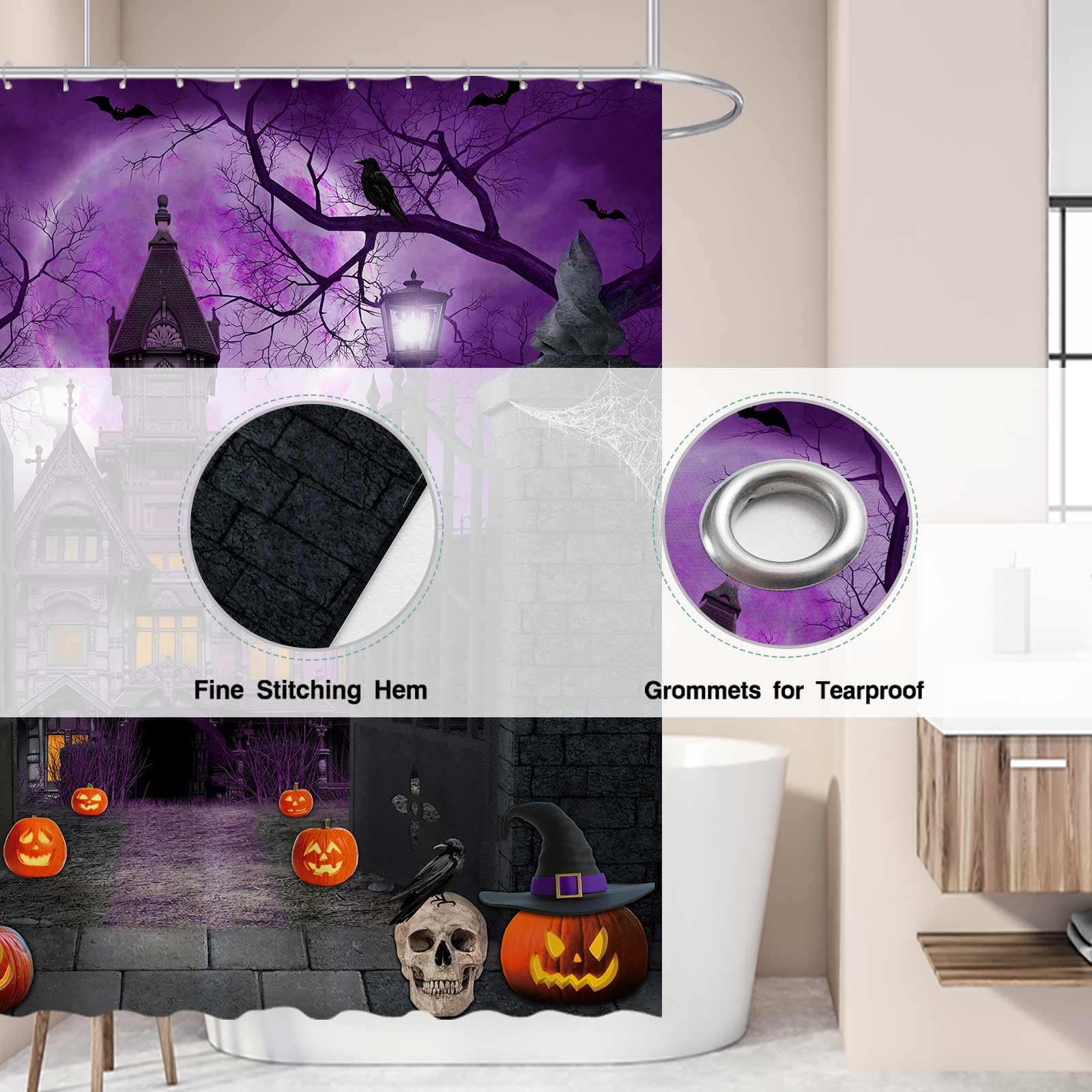 Allenjoy 72'' X 72'' Purple Halloween Shower Curtain For Bathroom Set Scary Night Moon Gothic Haunted House Pumpkin Courtyard Do