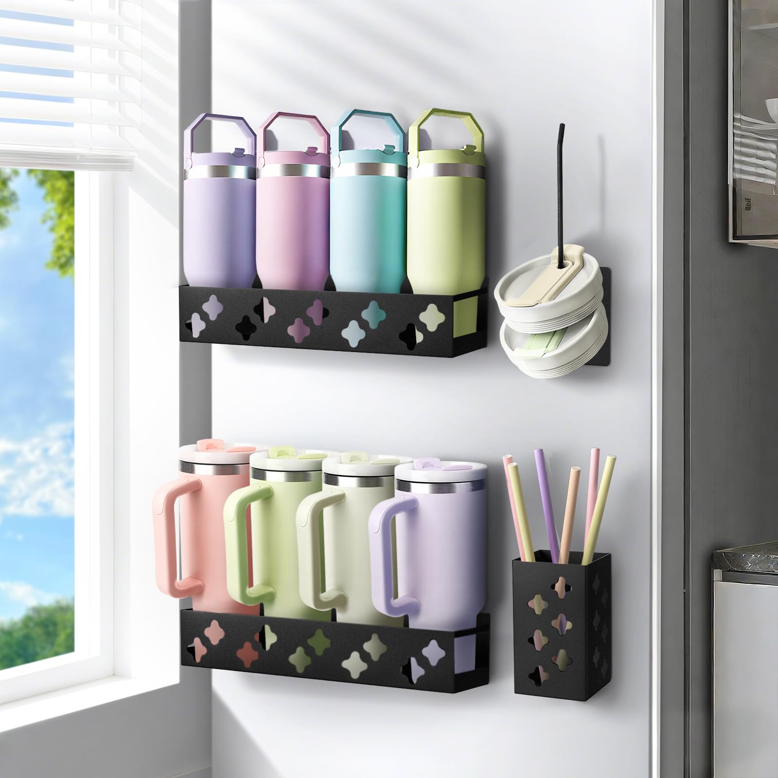 Magnetic Water Bottle Organizer for Fridge, Magnetic Cup Holder for Stanley 30 40 Oz with Tumbler Lid & Straw Organizer, 8 Tumbl
