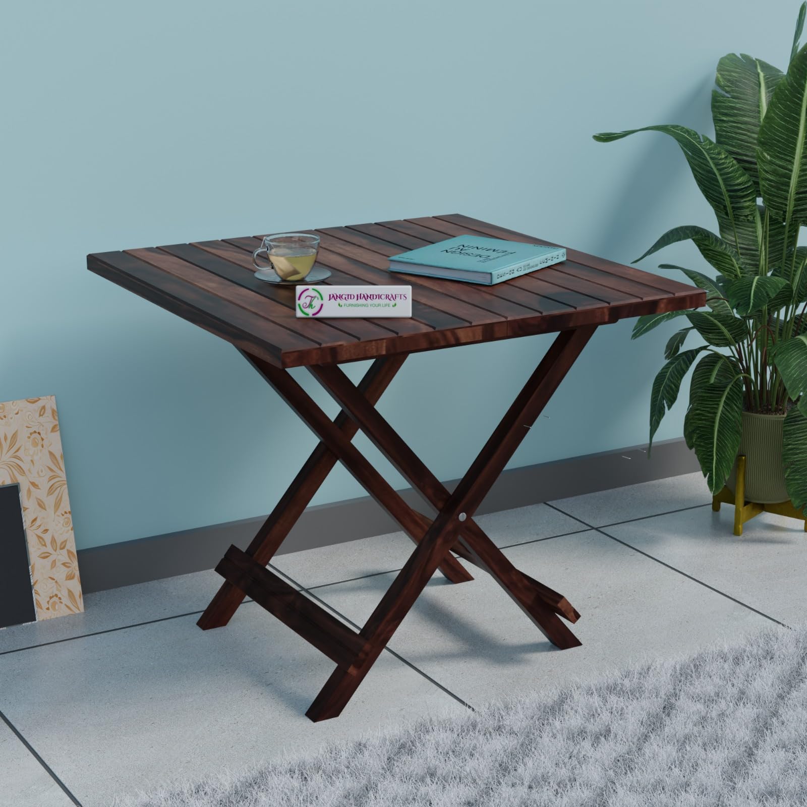 Jangid Handicraft Patio Folding/Foldable Coffee Table For Garden, Outdoor & Balcony, Square, Solid Wood Sheesham, Walnut Finish