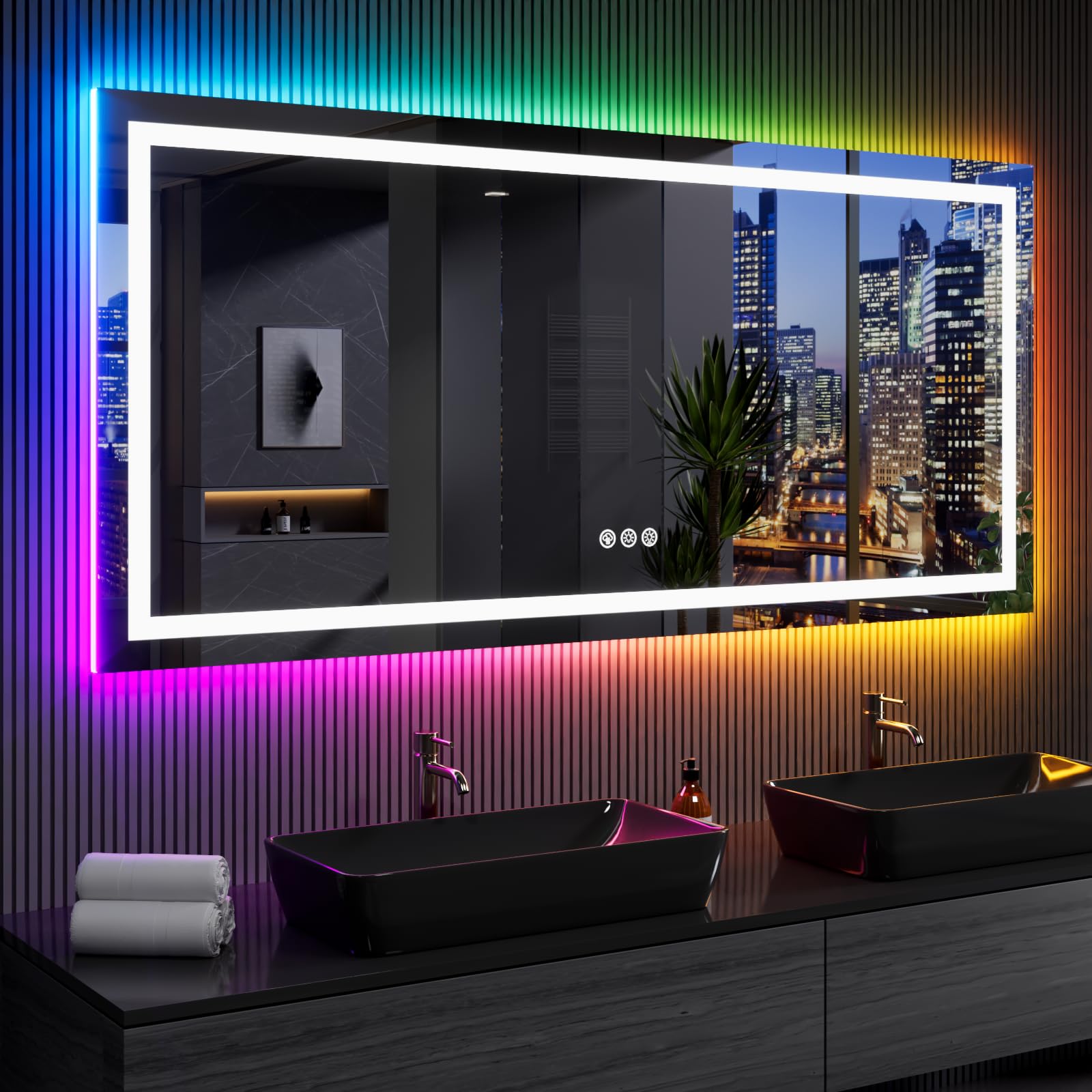 Loaao 77''X36'' Led Bathroom Mirror With Lights, Anti-Fog, Dimmable, Rgb Backlit + Front Lighted, Bathroom Vanity Mirror For Wal